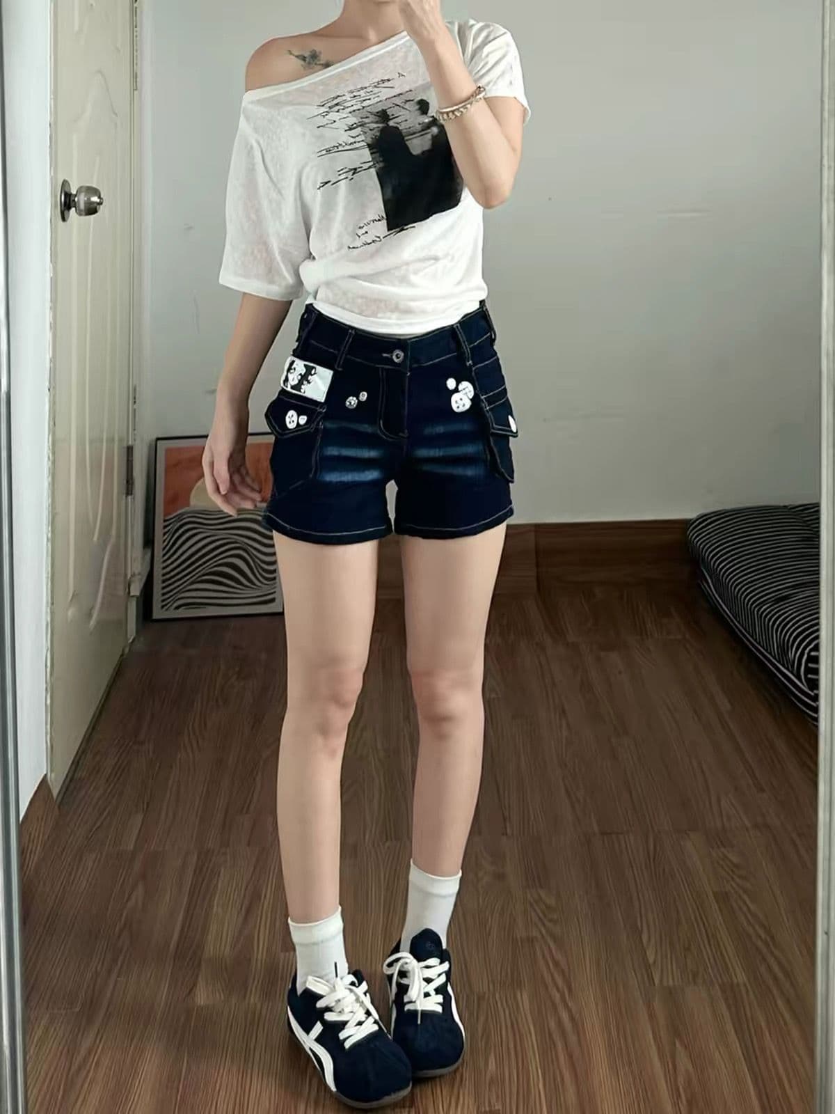 아메리칸 레트로 단추 프린트 로우 웨이스트 데님 반바지 바지 여자 2026 여름 새로운 핫걸 워크웨어 핫 바지 상세 이미지 1