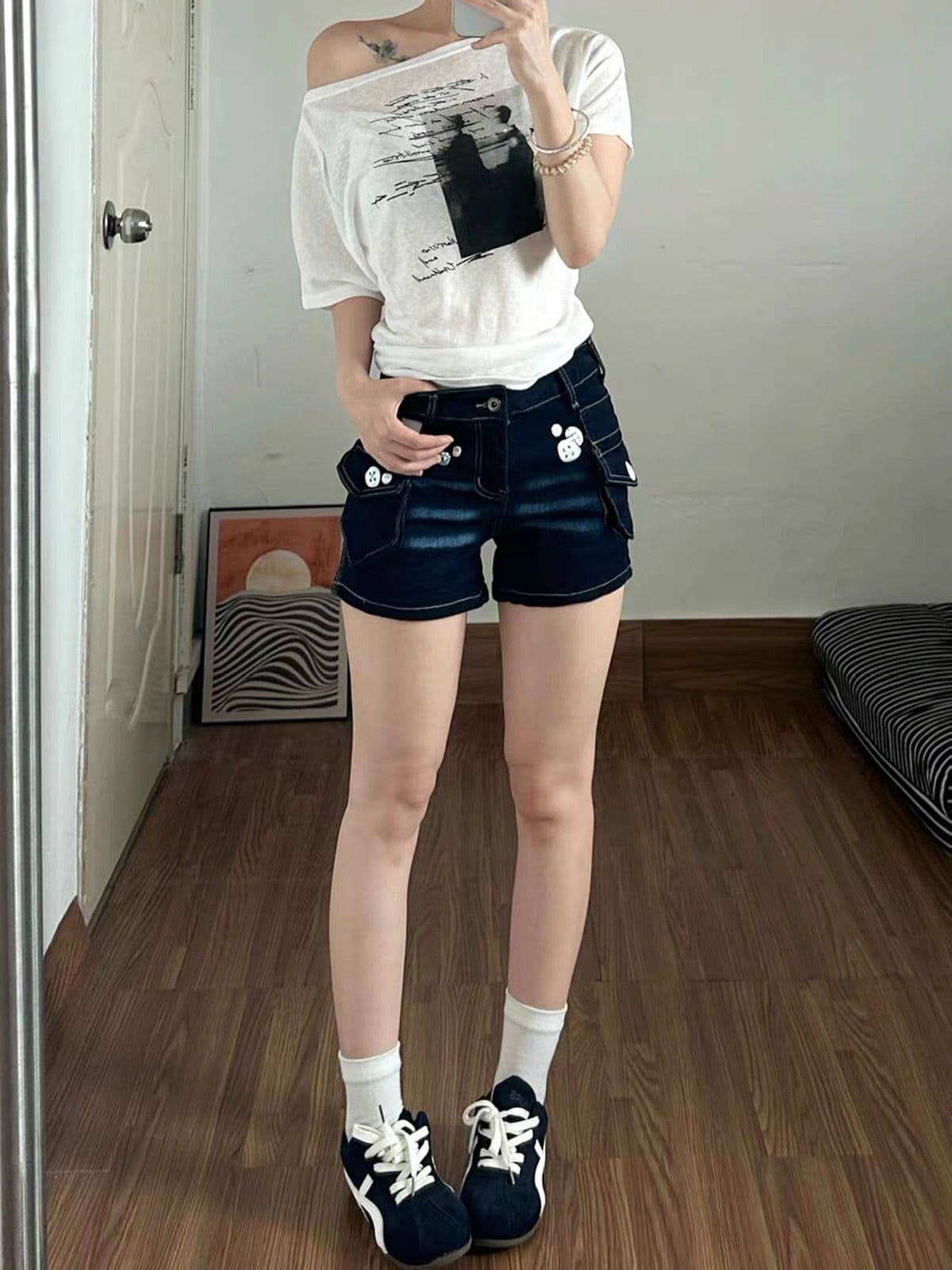 아메리칸 레트로 단추 프린트 로우 웨이스트 데님 반바지 바지 여자 2026 여름 새로운 핫걸 워크웨어 핫 바지 상세 이미지 2
