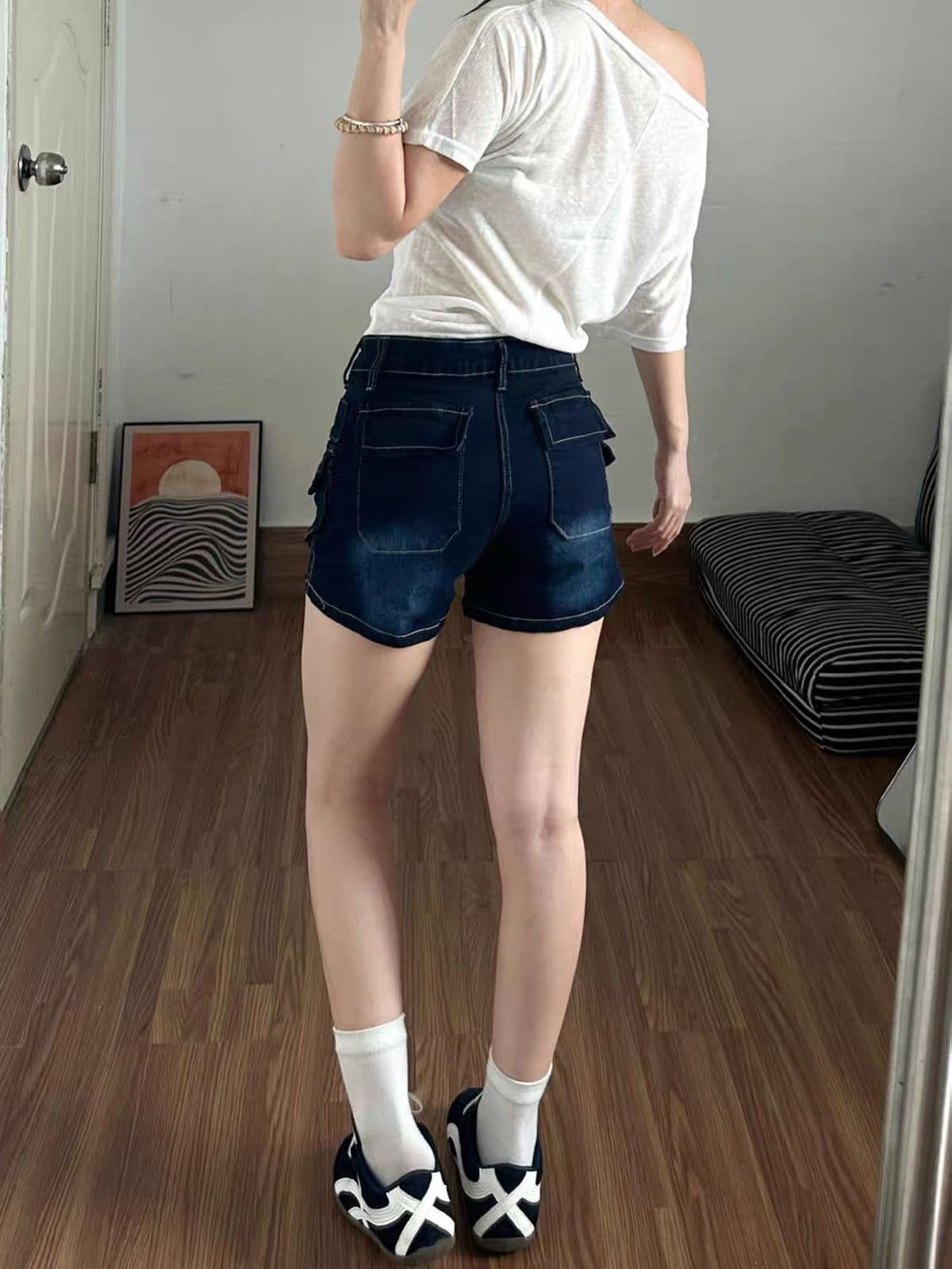 아메리칸 레트로 단추 프린트 로우 웨이스트 데님 반바지 바지 여자 2026 여름 새로운 핫걸 워크웨어 핫 바지 상세 이미지 4
