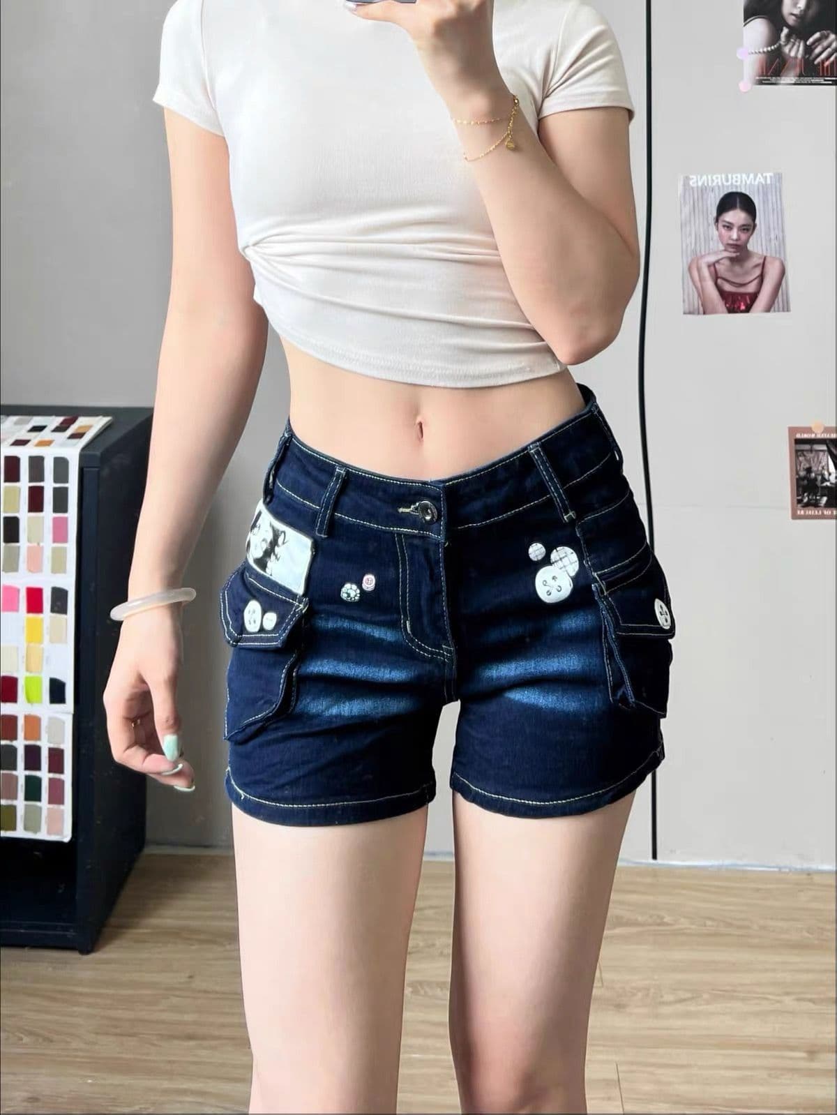 소녀 단추 프린트 데님 워크웨어 반바지 여성 로우 웨이스트 볼륨 측면 슬림해 보이는 캐주얼 워싱 하이웨이스트 핫걸 핫 바지 상세 이미지 1