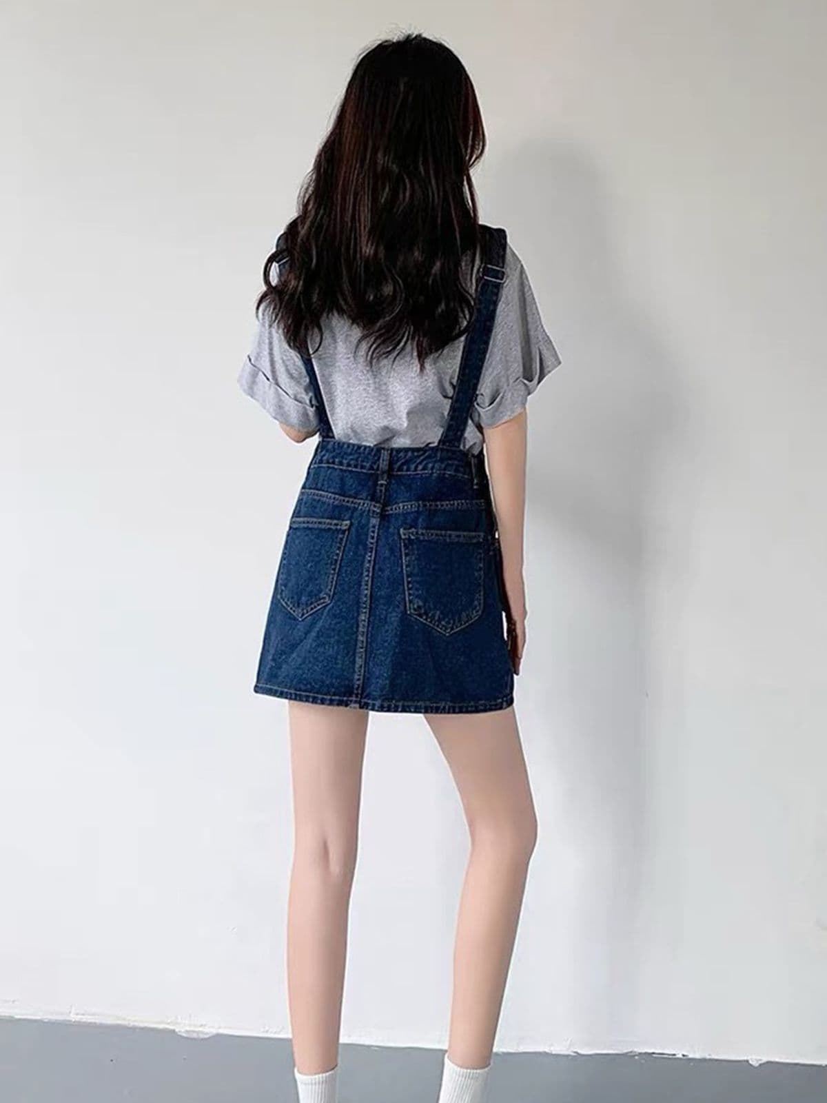 여름 새로운 작은 키 루즈핏 슬림해 보이는 연령 감소 외국 가스 드레스 진한 파란색 데님 멜빵 미니 스커트 여성 이미지 2