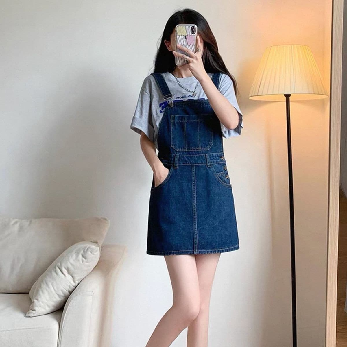 여름 새로운 작은 키 루즈핏 슬림해 보이는 연령 감소 외국 가스 드레스 진한 파란색 데님 멜빵 미니 스커트 여성 이미지 5