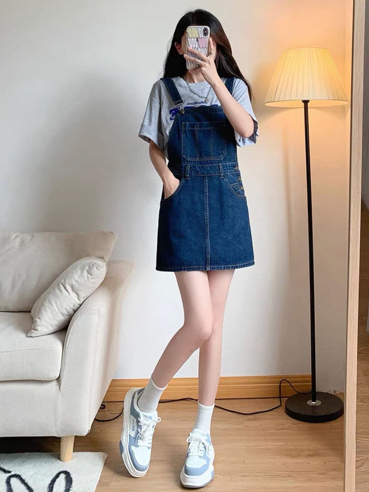 여름 새로운 작은 키 루즈핏 슬림해 보이는 연령 감소 외국 가스 드레스 진한 파란색 데님 멜빵 미니 스커트 여성 상세 이미지 2