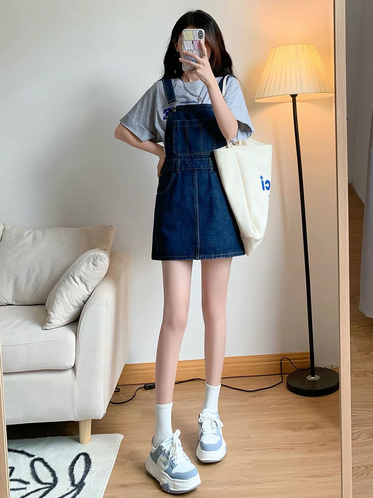 여름 새로운 작은 키 루즈핏 슬림해 보이는 연령 감소 외국 가스 드레스 진한 파란색 데님 멜빵 미니 스커트 여성 상세 이미지 5