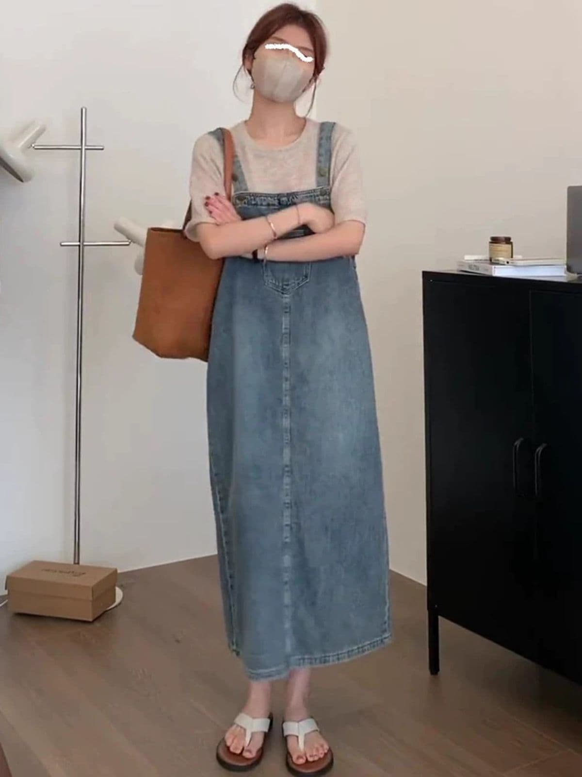 새로운 한국 스타일 다용도 루즈핏 봄 여름 연령 감소 소금 부서 레트로 트임 데님 멜빵 스커트 여자 중간 롱 코트 이미지 2