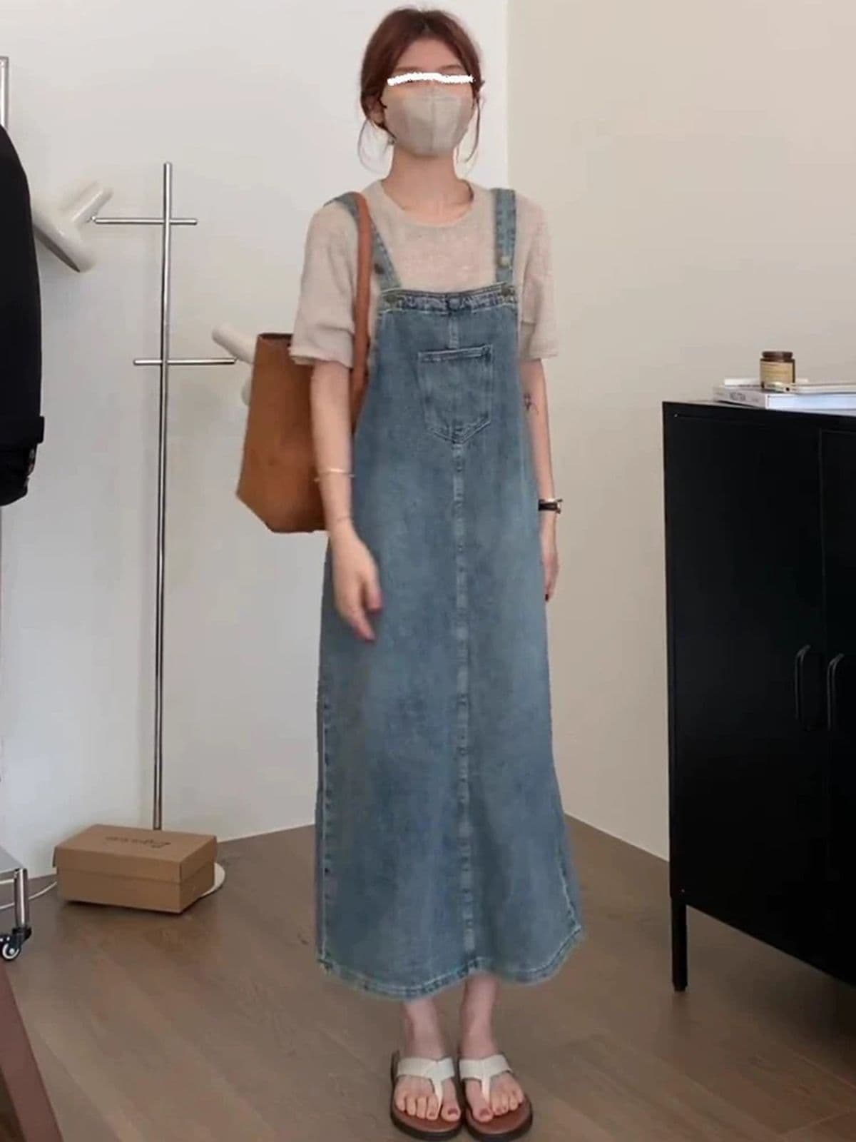 새로운 한국 스타일 다용도 루즈핏 봄 여름 연령 감소 소금 부서 레트로 트임 데님 멜빵 스커트 여자 중간 롱 코트 이미지 3