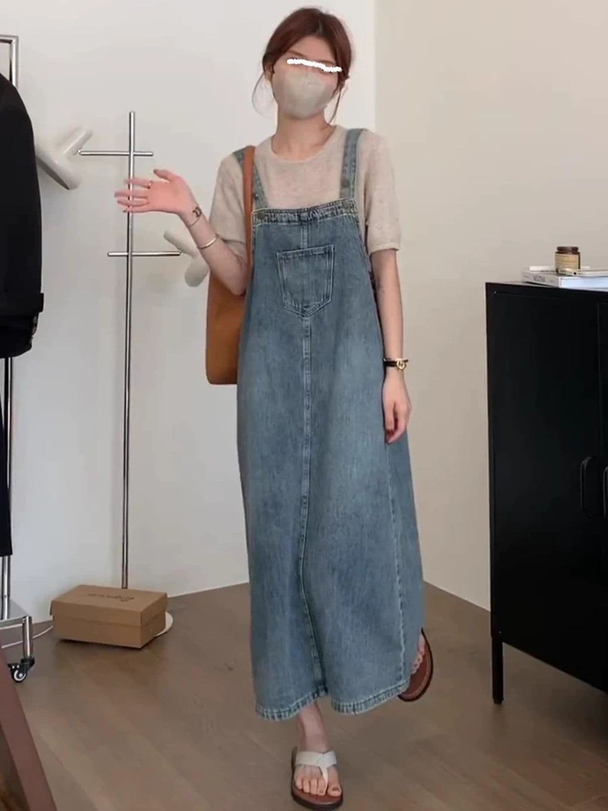 새로운 한국 스타일 다용도 루즈핏 봄 여름 연령 감소 소금 부서 레트로 트임 데님 멜빵 스커트 여자 중간 롱 코트 상세 이미지 1