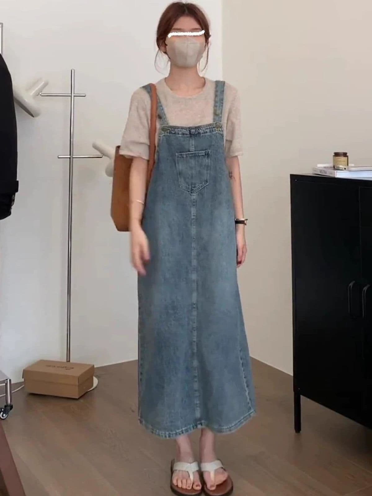 새로운 한국 스타일 다용도 루즈핏 봄 여름 연령 감소 소금 부서 레트로 트임 데님 멜빵 스커트 여자 중간 롱 코트 상세 이미지 3