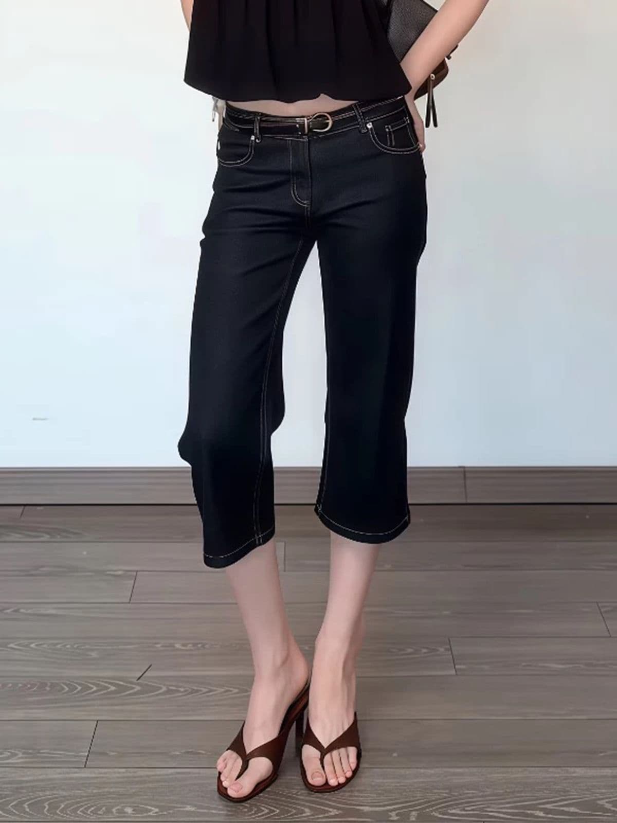 아메리칸 레트로 로우 웨이스트 검정색 부츠컷 고대 조기 7부 바지 여성 여름 타이트 바지 5 점 짧은 바지 청바지 상세 이미지 4