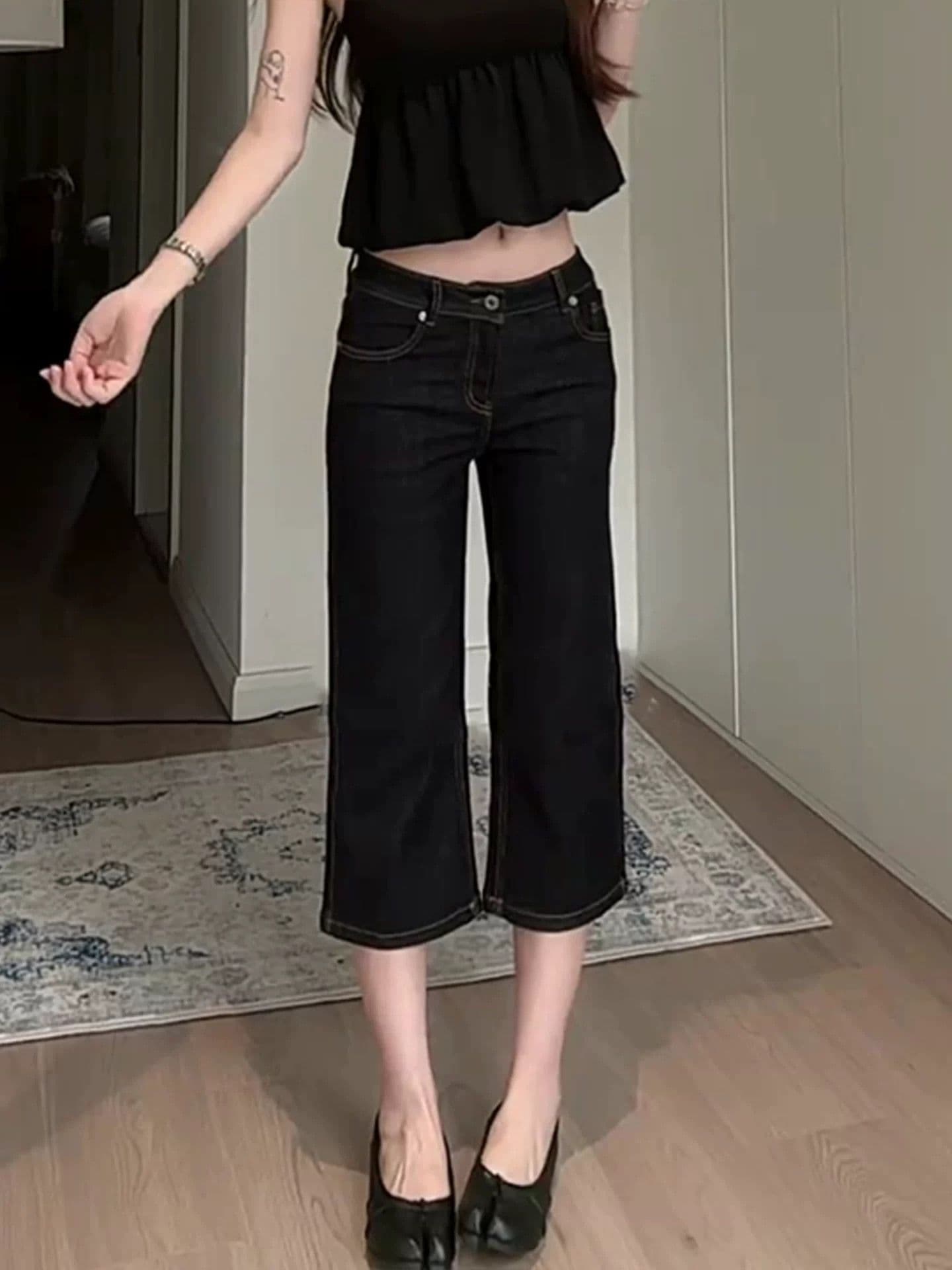 타이트 스트레이트 마이크로 나팔 데님 반바지 여성 여름 새로운 아메리칸 레트로 검정색 천년기 핫걸 7 점 바지 상세 이미지 4
