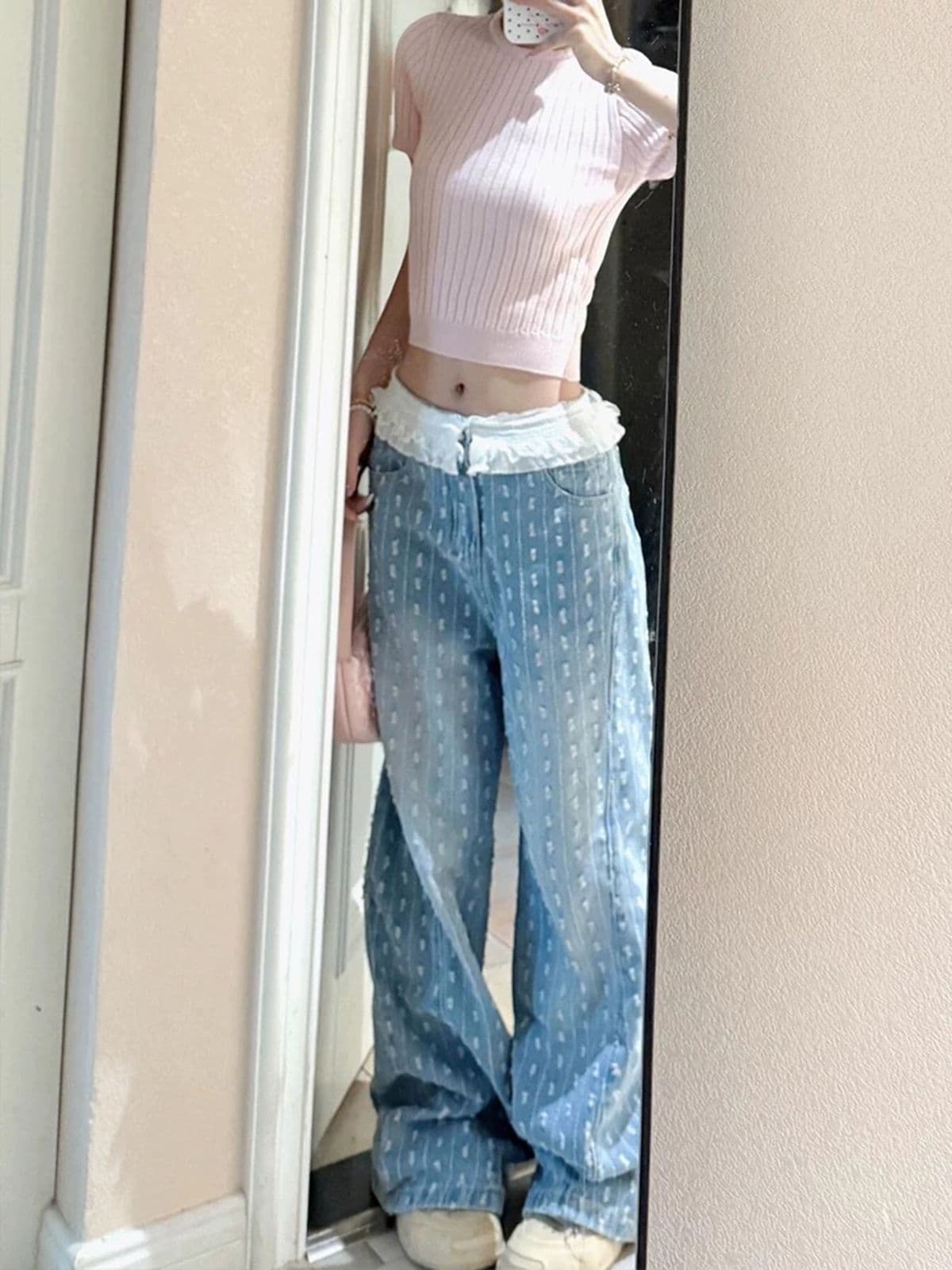 여름 핫걸 새로운 루즈핏 슬림해 보이는 와이드 레그 팬츠 한 부서 레이스 레이스 패치워크 자카드 모통이 칼 청바지 여성 상세 이미지 1