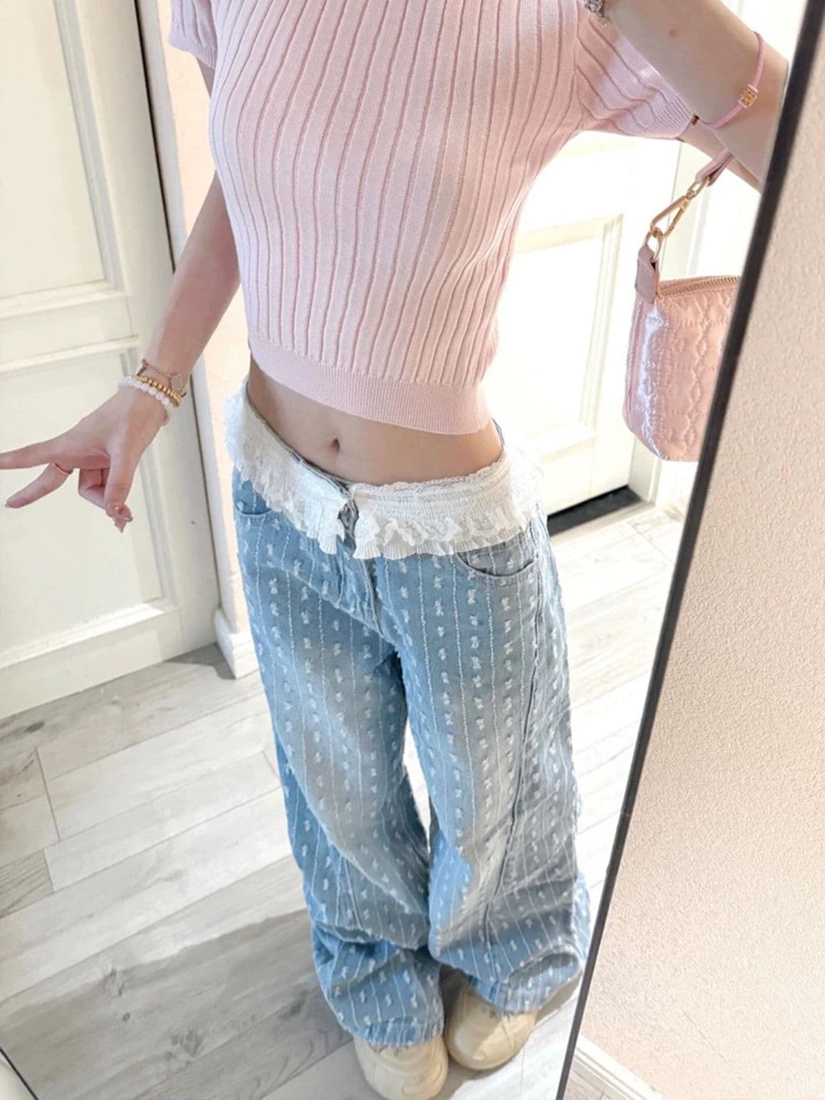 여름 핫걸 새로운 루즈핏 슬림해 보이는 와이드 레그 팬츠 한 부서 레이스 레이스 패치워크 자카드 모통이 칼 청바지 여성 상세 이미지 4