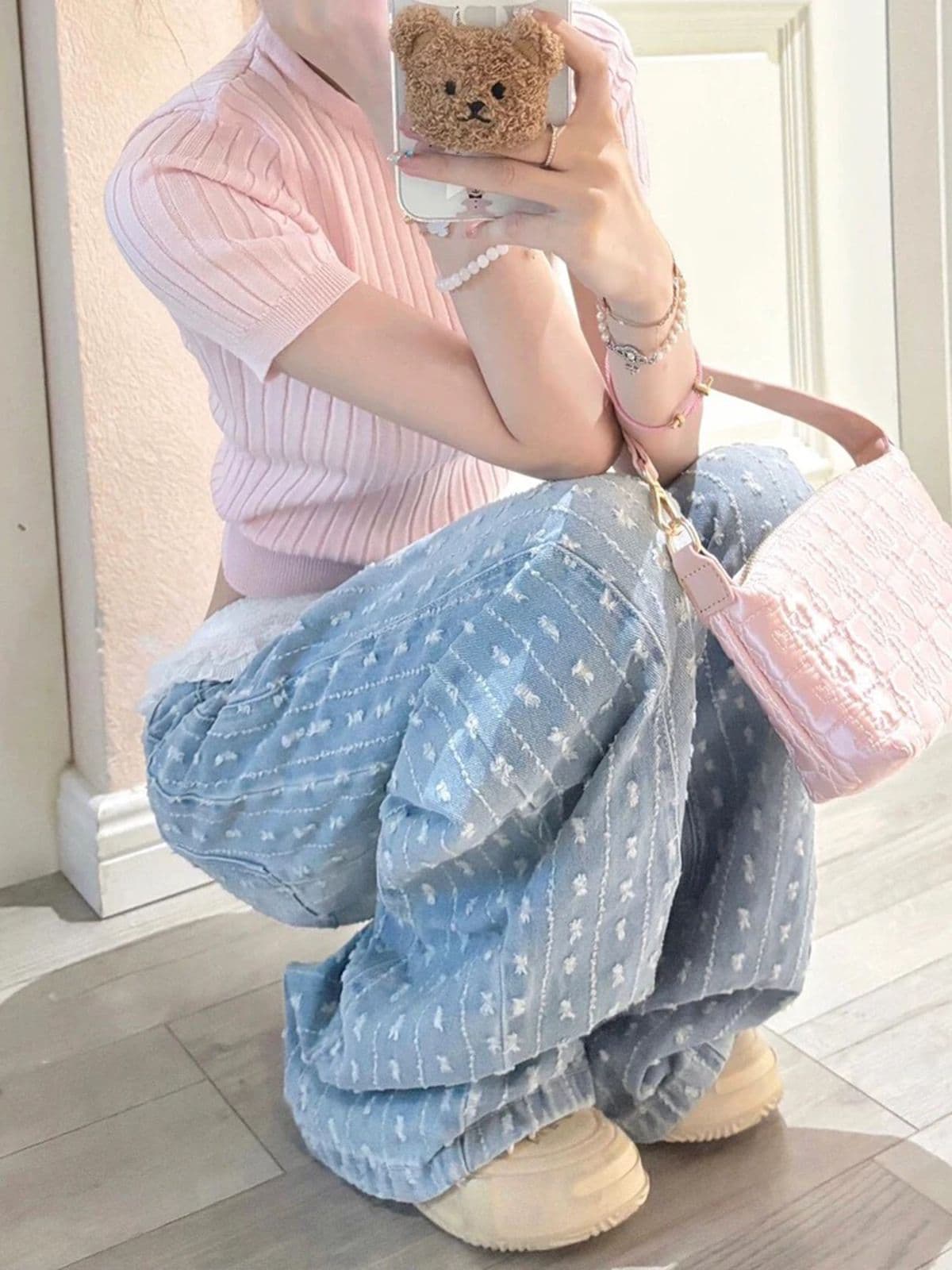 여름 핫걸 새로운 루즈핏 슬림해 보이는 와이드 레그 팬츠 한 부서 레이스 레이스 패치워크 자카드 모통이 칼 청바지 여성 상세 이미지 5