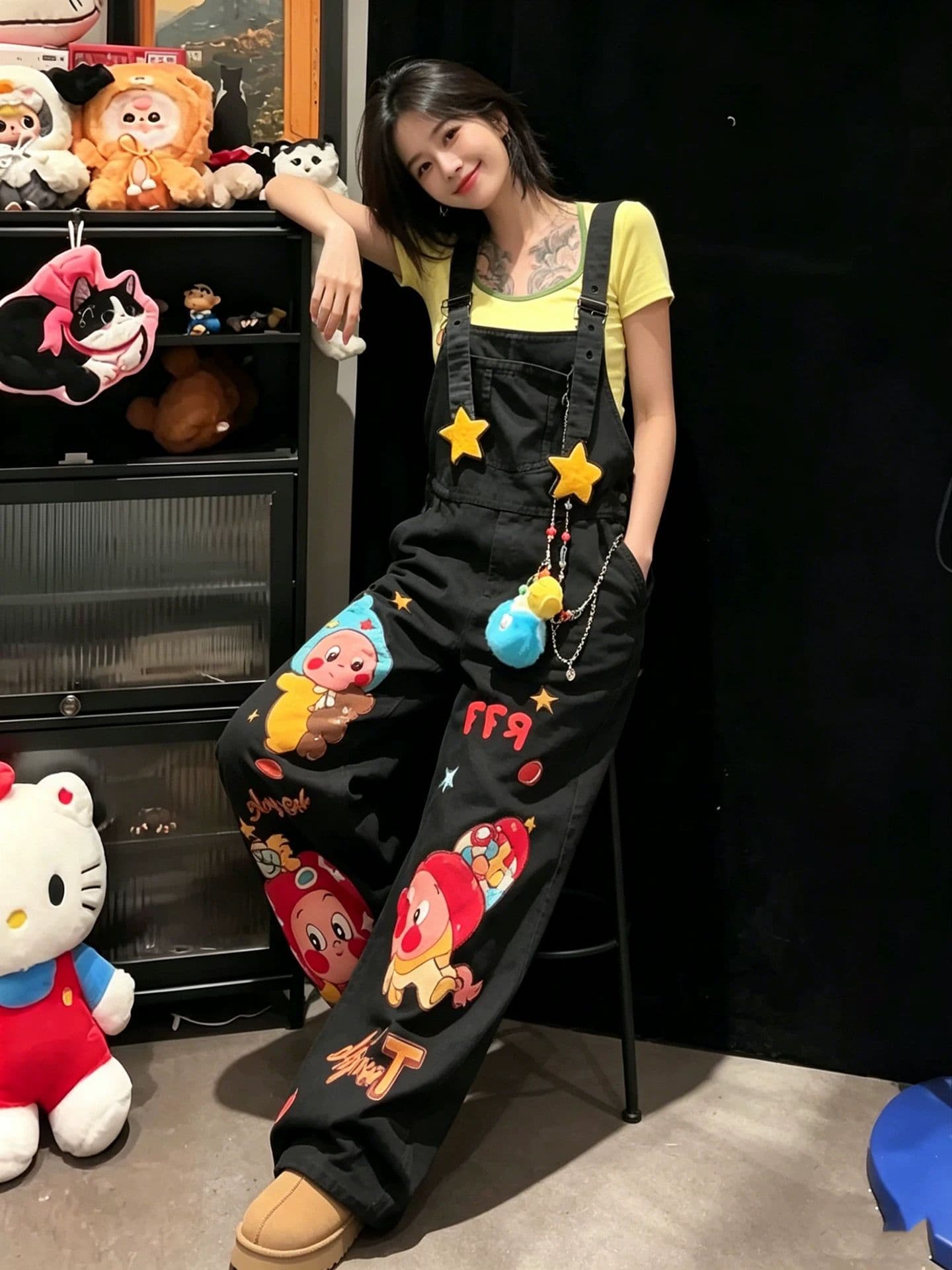 여름 새로운 느슨함 센스 루즈핏 워크웨어 팬츠 아메리칸 레트로 귀여운 만화 자수 패치워크 데님 멜빵 바지 여성 이미지 4