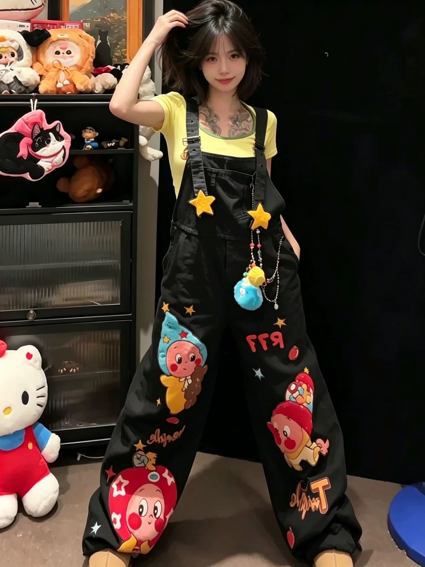 여름 새로운 느슨함 센스 루즈핏 워크웨어 팬츠 아메리칸 레트로 귀여운 만화 자수 패치워크 데님 멜빵 바지 여성 상세 이미지 3