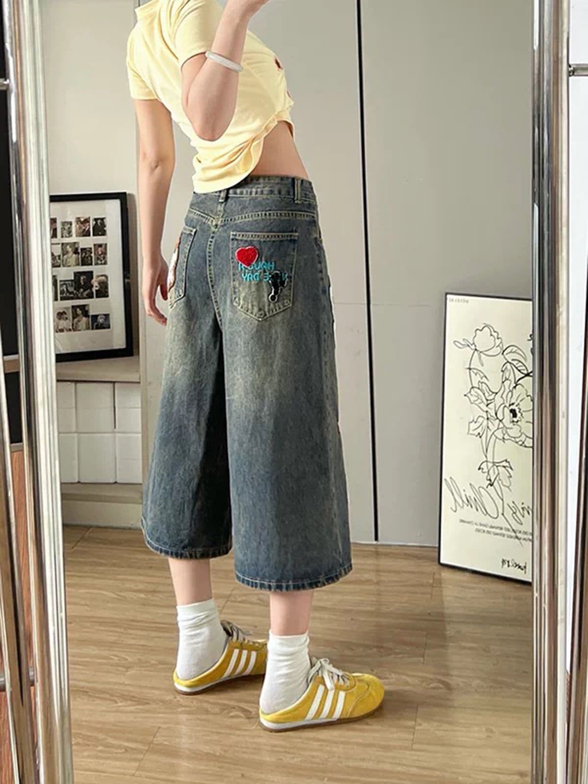 핫걸 만화 자수 청바지 여성 여름 높음 거리 바람 레트로 패션 어린애 같은 작은 대중 모통이 칼 넓은 다리가 짧다. 바지 상세 이미지 5