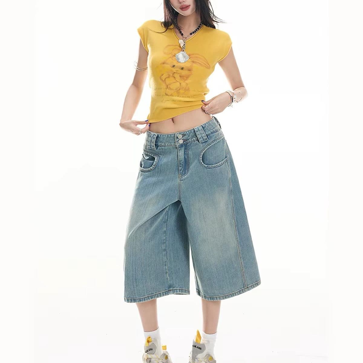 아메리칸 레트로 7 점 데님 반바지 여성 2026 여름 새로운 넓은 다리 슬림해 보이는 작은 키 워크웨어 스트레이트 바지 이미지 5