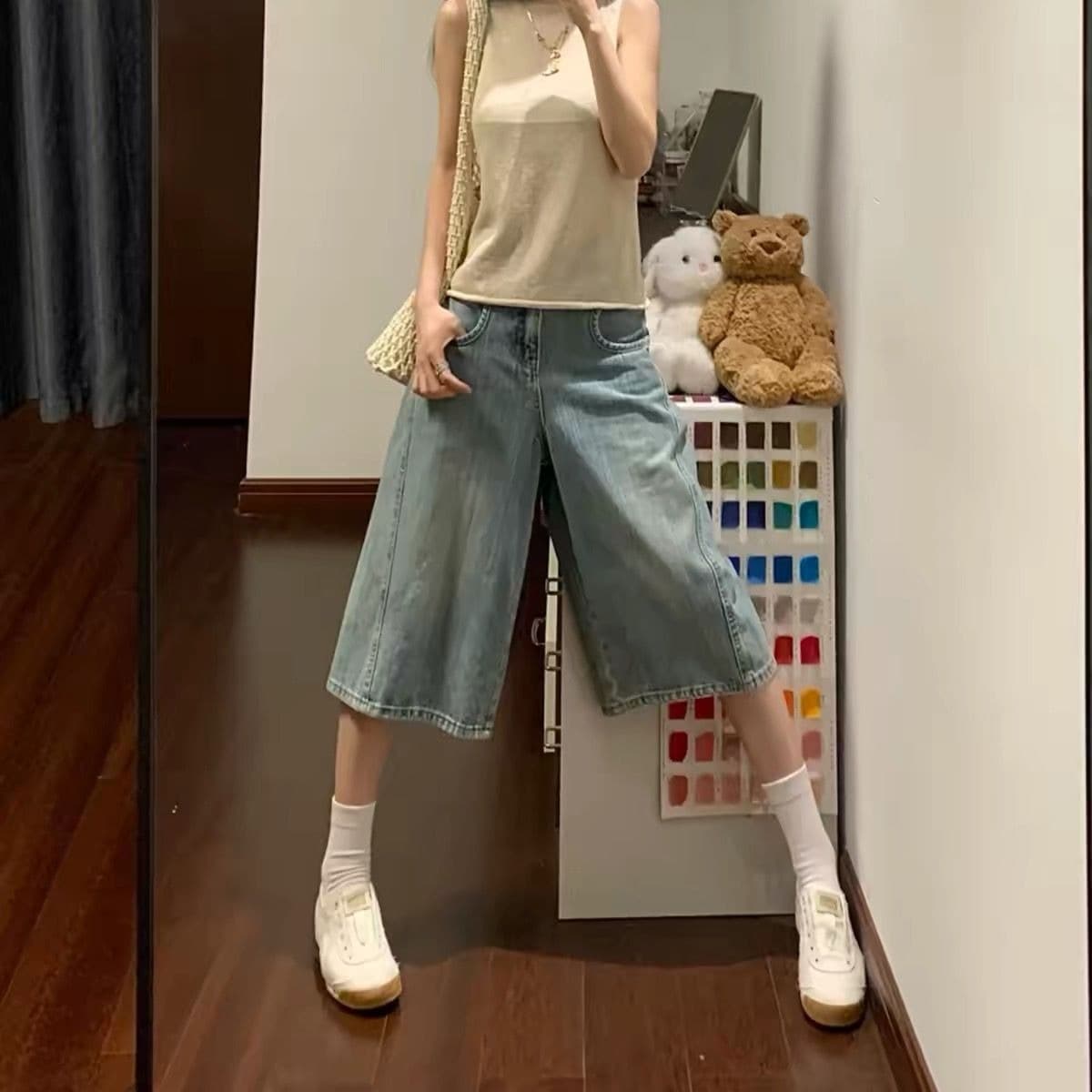 아메리칸 레트로 대나무 마디 곡물 워싱 마 오래된 데님 7부 바지 남녀 거리 루즈핏 캐주얼 작은 대중 디자인 반바지 이미지 5