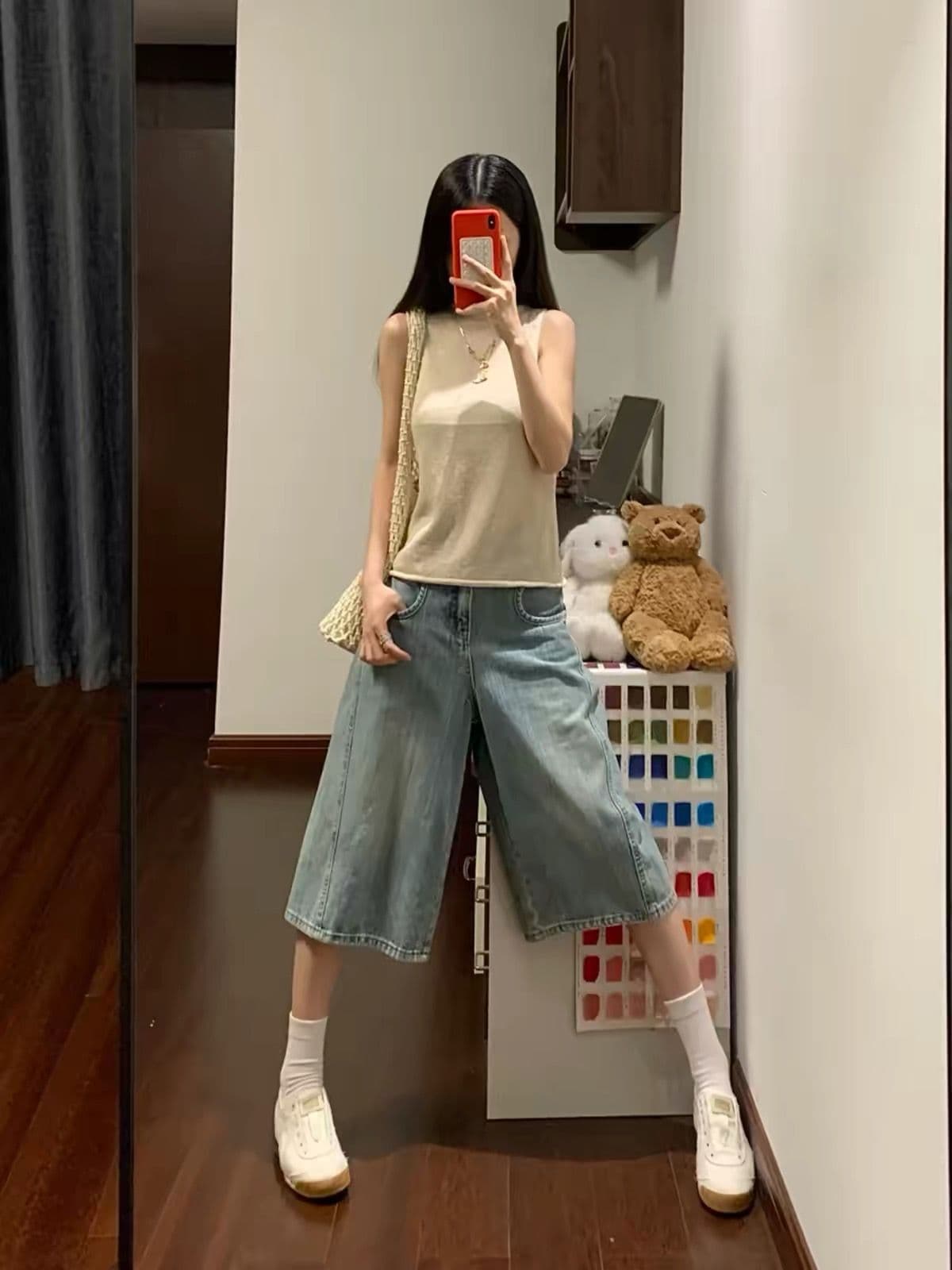 아메리칸 레트로 대나무 마디 곡물 워싱 마 오래된 데님 7부 바지 남녀 거리 루즈핏 캐주얼 작은 대중 디자인 반바지 상세 이미지 2