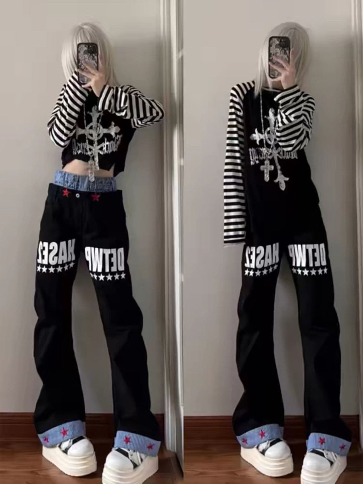 이문화 아메리칸 더블 허리 패치워크 모통이 칼 청바지 가을 시각 부서 디자인 센스 작은 대중 슬림해 보이는 바지 빅 사이즈 상세 이미지 1