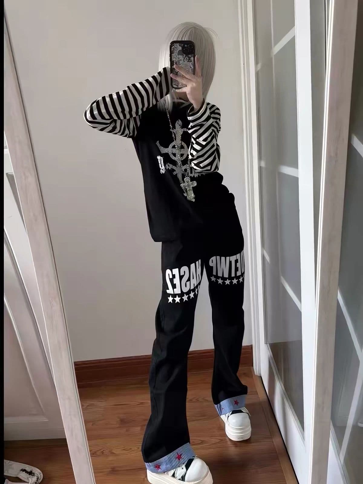이문화 아메리칸 더블 허리 패치워크 모통이 칼 청바지 가을 시각 부서 디자인 센스 작은 대중 슬림해 보이는 바지 빅 사이즈 상세 이미지 3