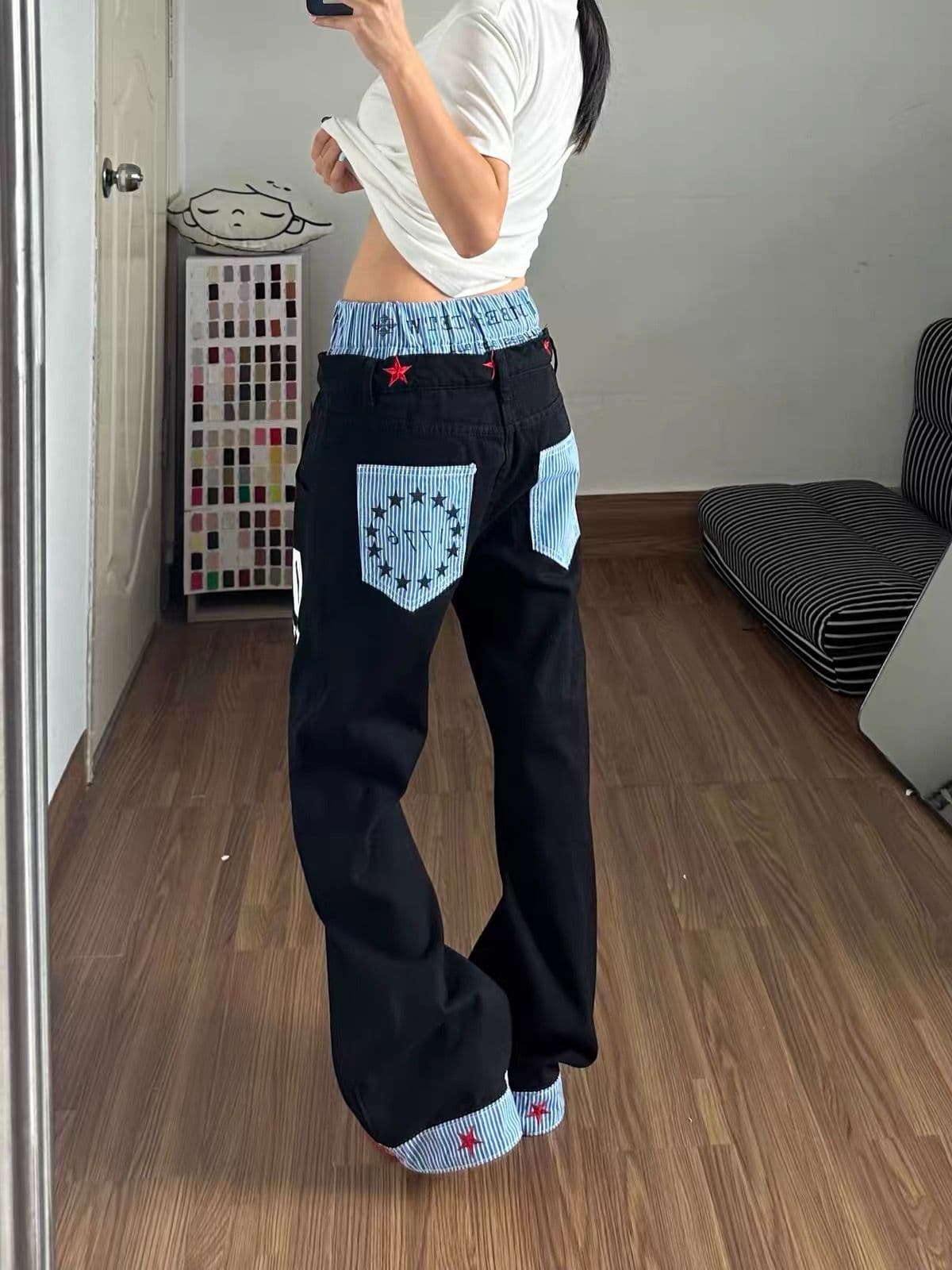 아메리칸 레트로 작은 대중 더블 허리 패치워크 모통이 칼 청바지 여성 새로운 스택 힙 디자인 센스 디스플레이 높음 루즈핏 스트레이트 팬츠 이미지 4