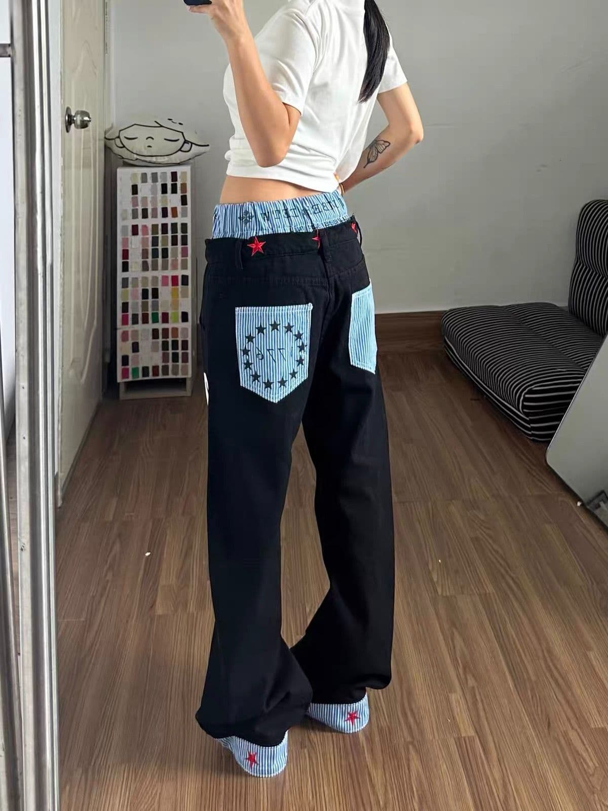 아메리칸 레트로 작은 대중 더블 허리 패치워크 모통이 칼 청바지 여성 새로운 스택 힙 디자인 센스 디스플레이 높음 루즈핏 스트레이트 팬츠 이미지 2