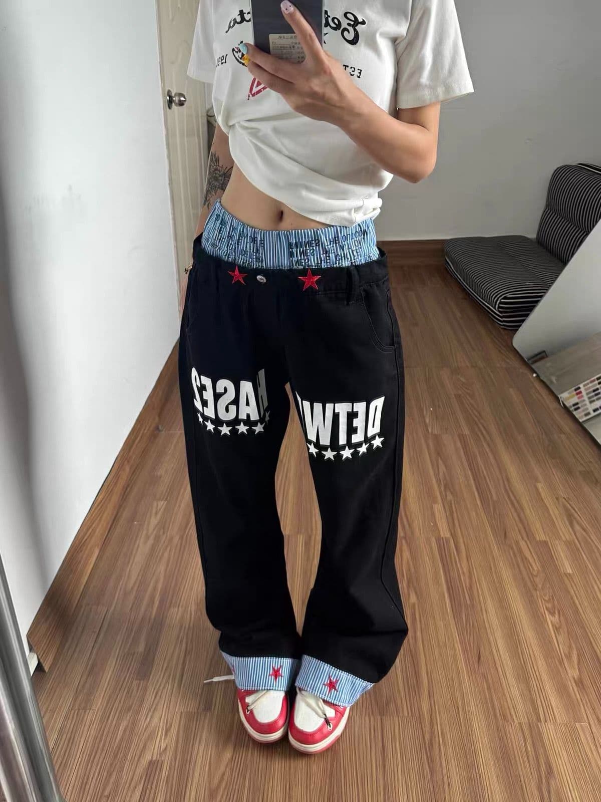 아메리칸 레트로 작은 대중 더블 허리 패치워크 모통이 칼 청바지 여성 새로운 스택 힙 디자인 센스 디스플레이 높음 루즈핏 스트레이트 팬츠 상세 이미지 4
