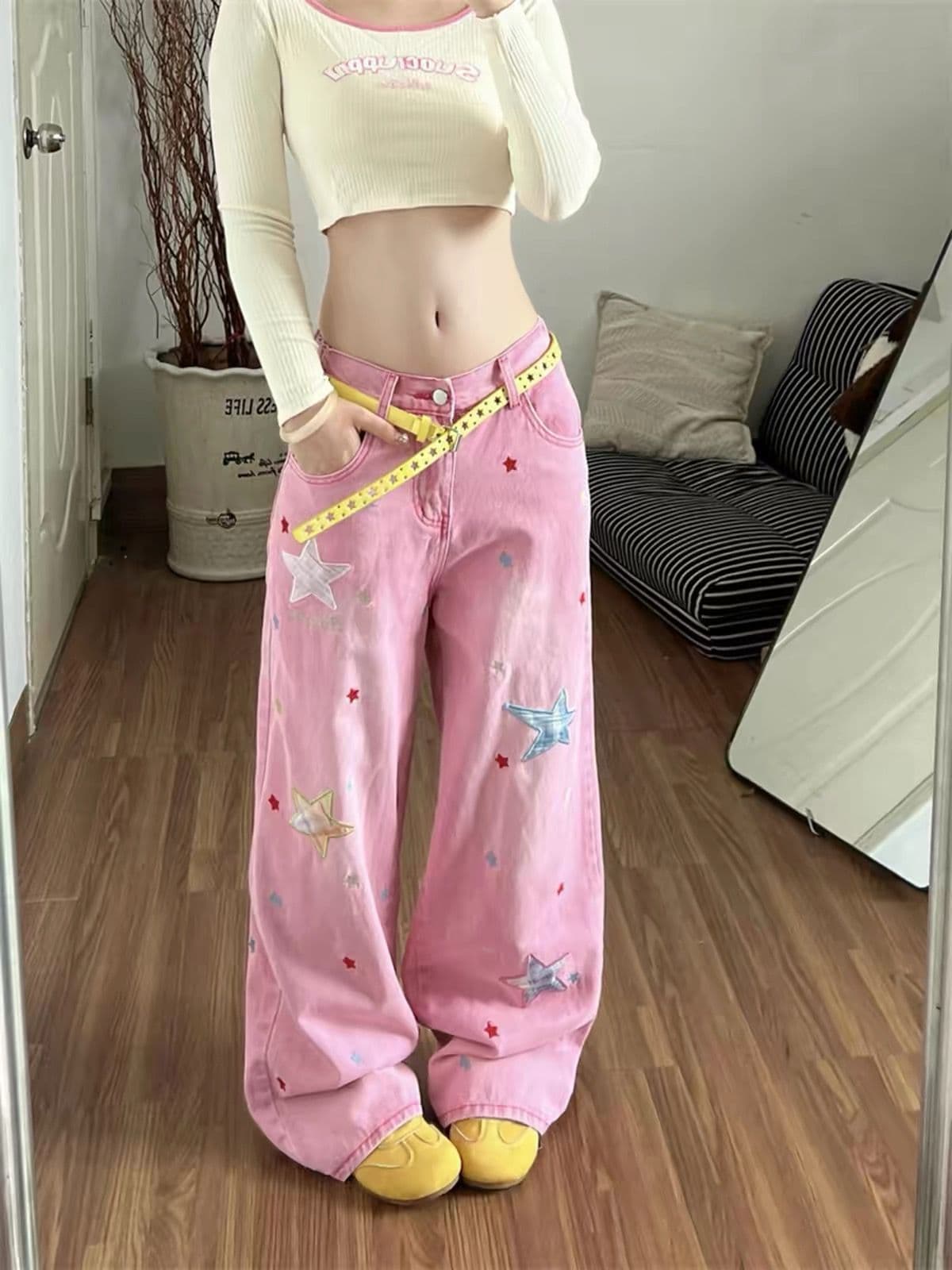 슈퍼 잘 생긴 핑크색 워싱 재미있는 패치 별 청바지 여자 고급 센스 루즈핏 캐주얼 스트레이트 롱 바지