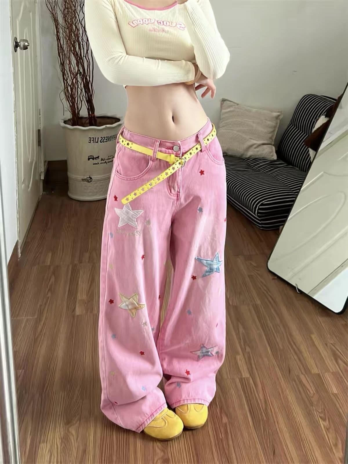 슈퍼 잘 생긴 핑크색 워싱 재미있는 패치 별 청바지 여자 고급 센스 루즈핏 캐주얼 스트레이트 롱 바지 상세 이미지 2