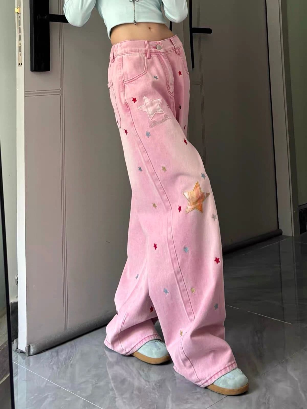 슈퍼 잘 생긴 별 패치 워싱 청바지 바지 여자 2026 새로운 루즈핏 다용도 바닥 청소 긴 바지 상세 이미지 4