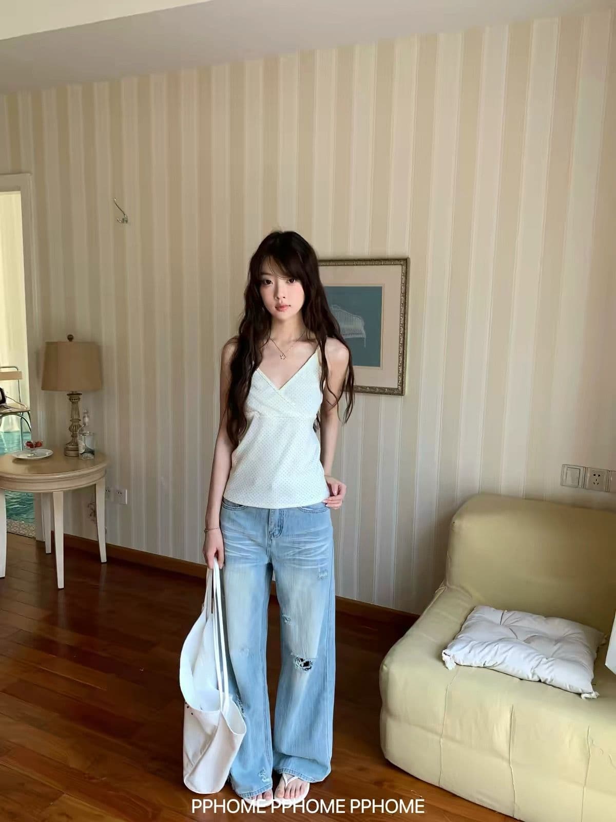 한 부서 레트로 워싱 찢어진 부분 넓은 다리 청바지 여성 2026 가을 얇은 스타일 캐주얼 루즈핏 슬림해 보이는 표지 고기 스트레이트 상세 이미지 2