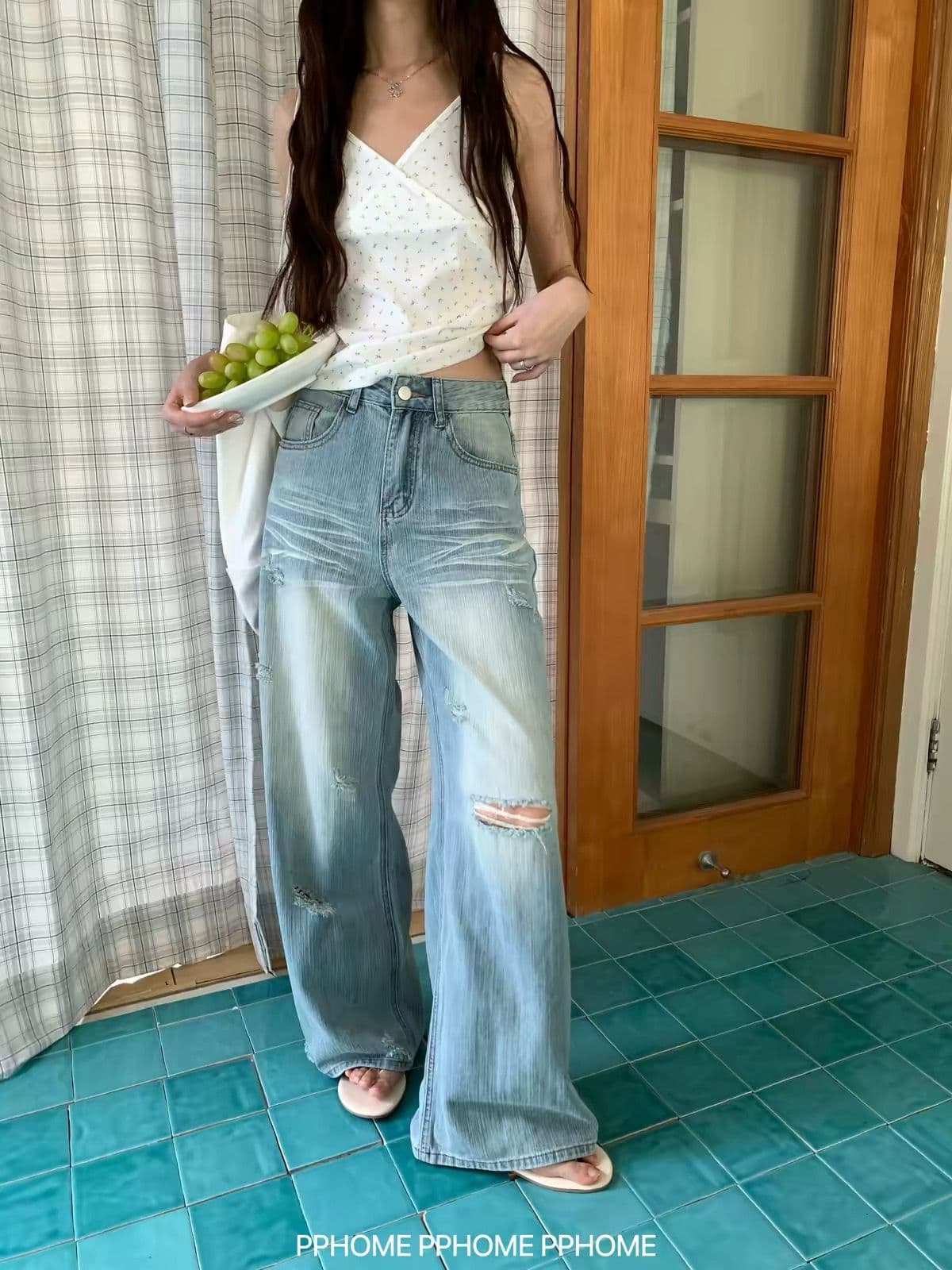 한 부서 레트로 워싱 찢어진 부분 넓은 다리 청바지 여성 2026 가을 얇은 스타일 캐주얼 루즈핏 슬림해 보이는 표지 고기 스트레이트 상세 이미지 3