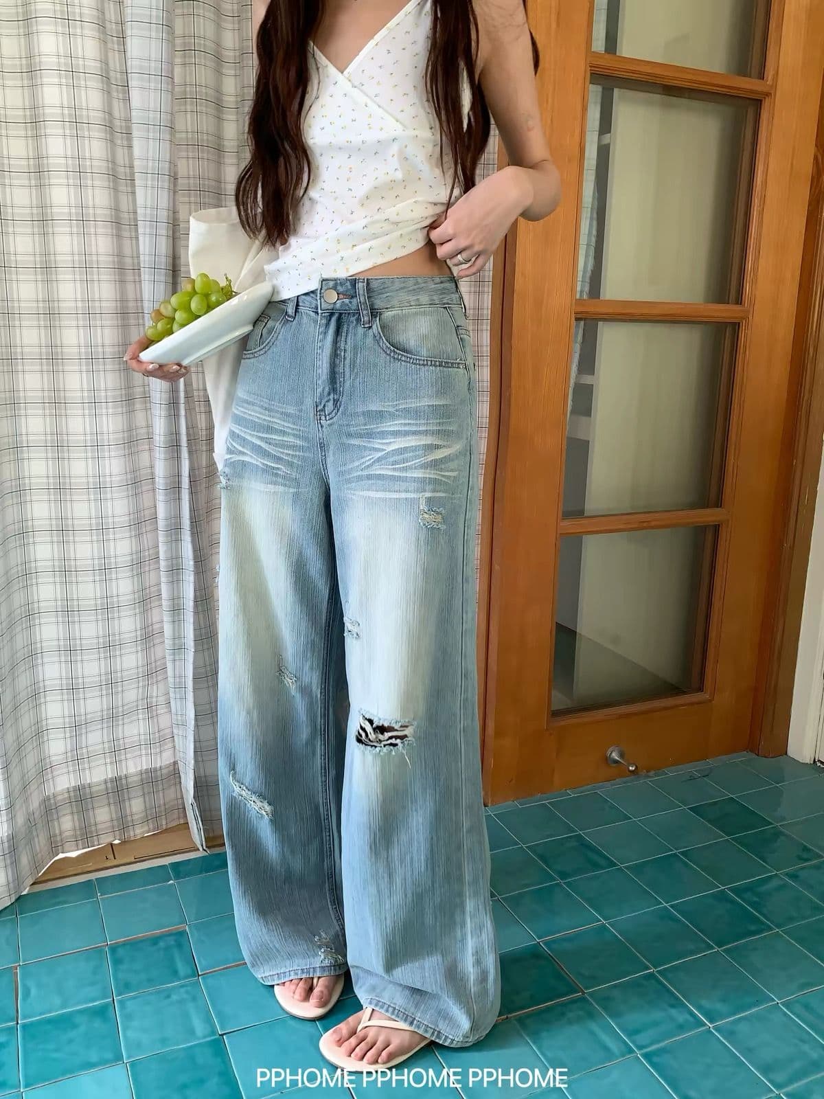 한 부서 레트로 워싱 찢어진 부분 넓은 다리 청바지 여성 2026 가을 얇은 스타일 캐주얼 루즈핏 슬림해 보이는 표지 고기 스트레이트 상세 이미지 4