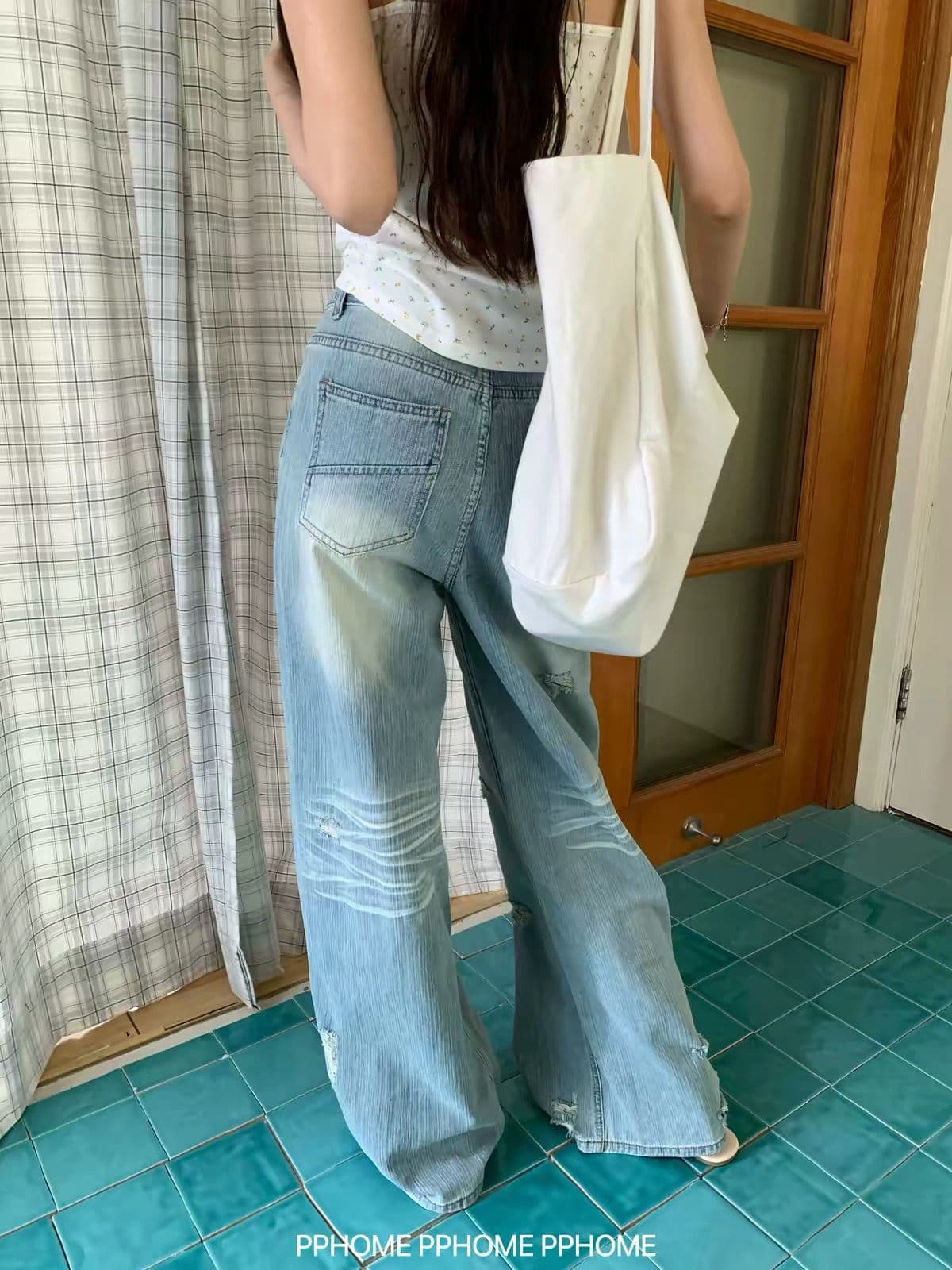 한 부서 레트로 워싱 찢어진 부분 넓은 다리 청바지 여성 2026 가을 얇은 스타일 캐주얼 루즈핏 슬림해 보이는 표지 고기 스트레이트 상세 이미지 5