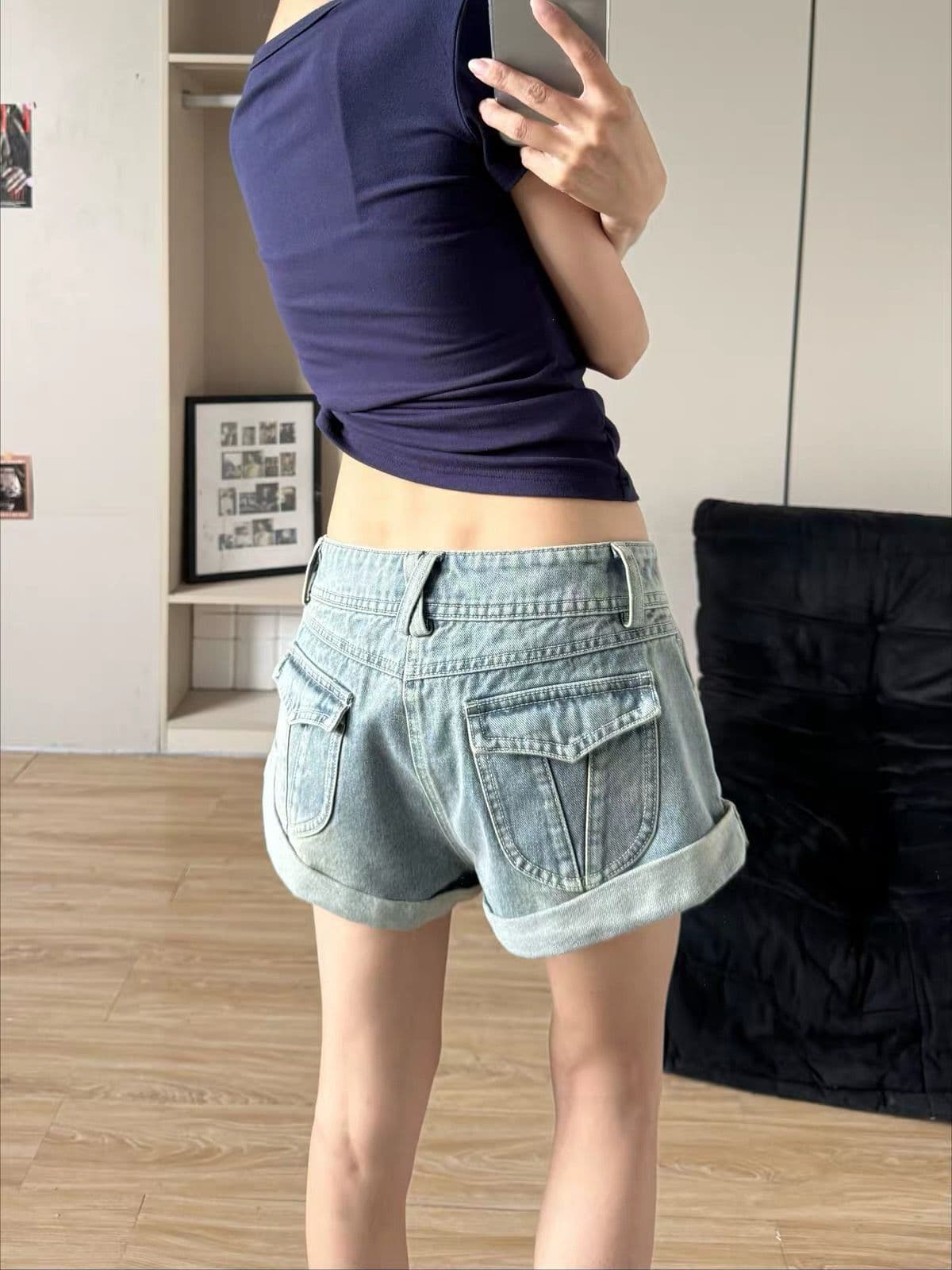 아메리칸 핫걸 로우 웨이스트 볼륨 측면 파란색 데님 반바지 바지 여자 2026 여름 새로운 몸매 가꾸기 슬림해 보이는 핫 바지 이미지 2