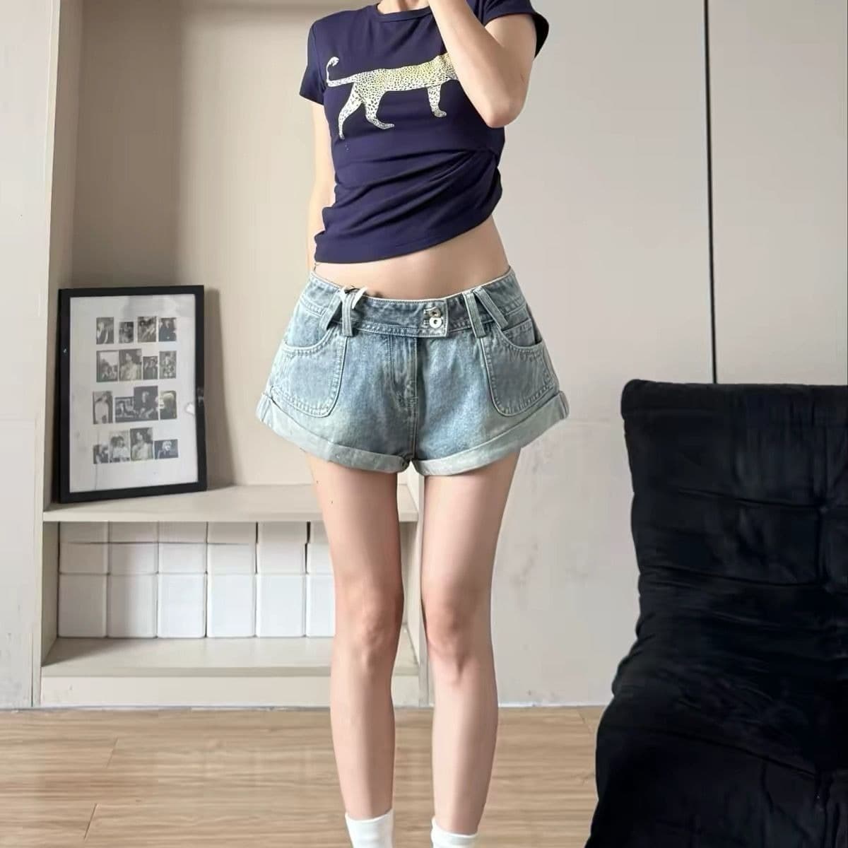 아메리칸 핫걸 로우 웨이스트 볼륨 측면 파란색 데님 반바지 바지 여자 2026 여름 새로운 몸매 가꾸기 슬림해 보이는 핫 바지 이미지 5