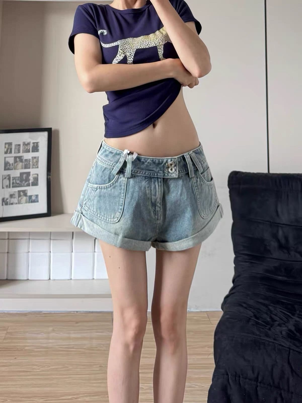 아메리칸 핫걸 로우 웨이스트 볼륨 측면 파란색 데님 반바지 바지 여자 2026 여름 새로운 몸매 가꾸기 슬림해 보이는 핫 바지 상세 이미지 2