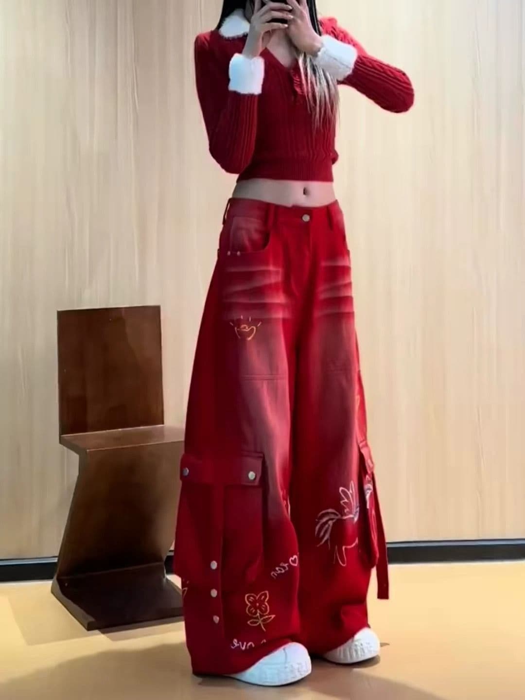아메리칸 레트로 재미있는 프린트 기타 주머니 워크웨어 청바지 여성 여름 거리 바람 스트레이트 루즈핏 와이드 레그 팬츠 트렌디 이미지 3