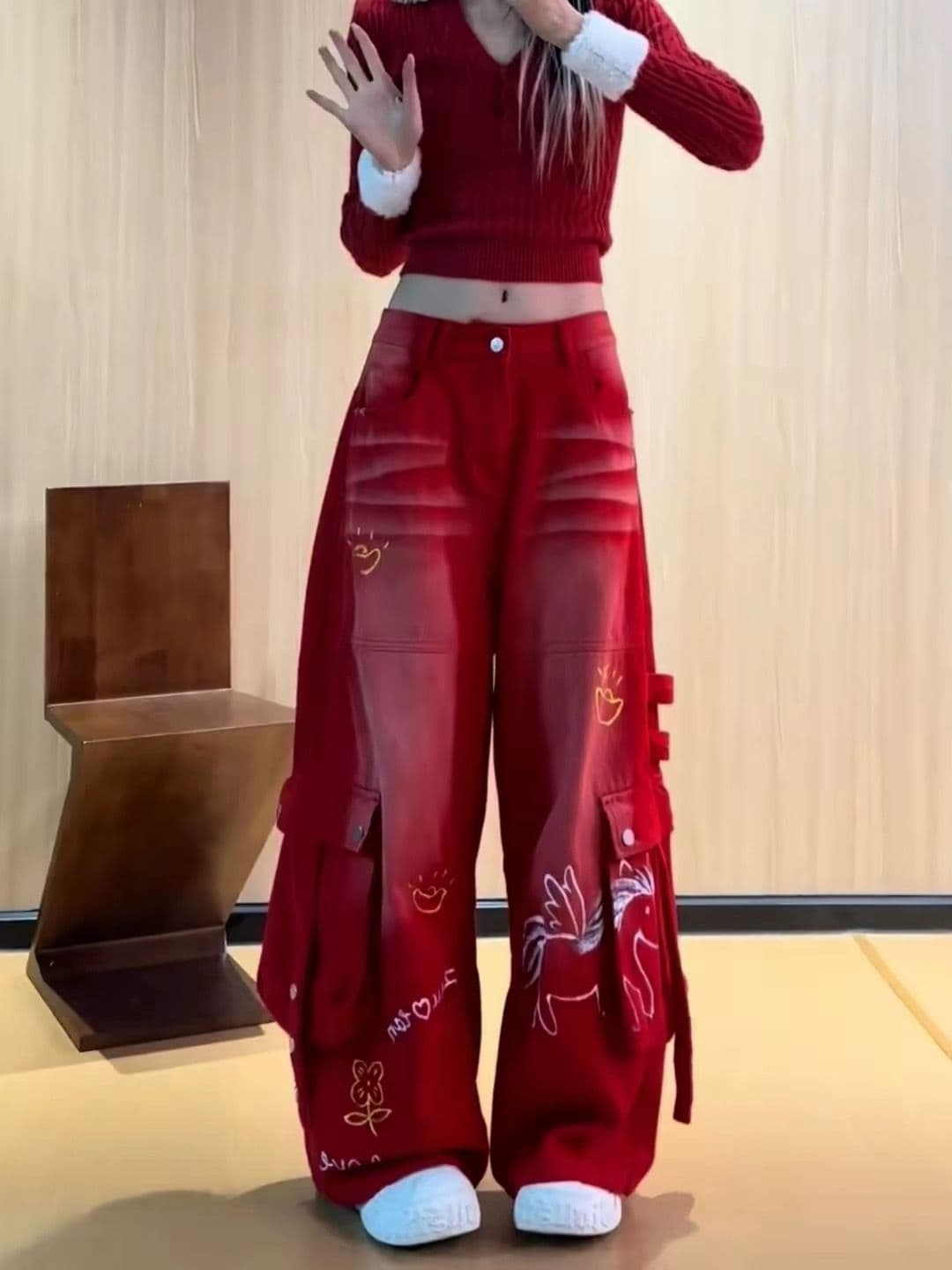 아메리칸 레트로 재미있는 프린트 기타 주머니 워크웨어 청바지 여성 여름 거리 바람 스트레이트 루즈핏 와이드 레그 팬츠 트렌디 상세 이미지 2