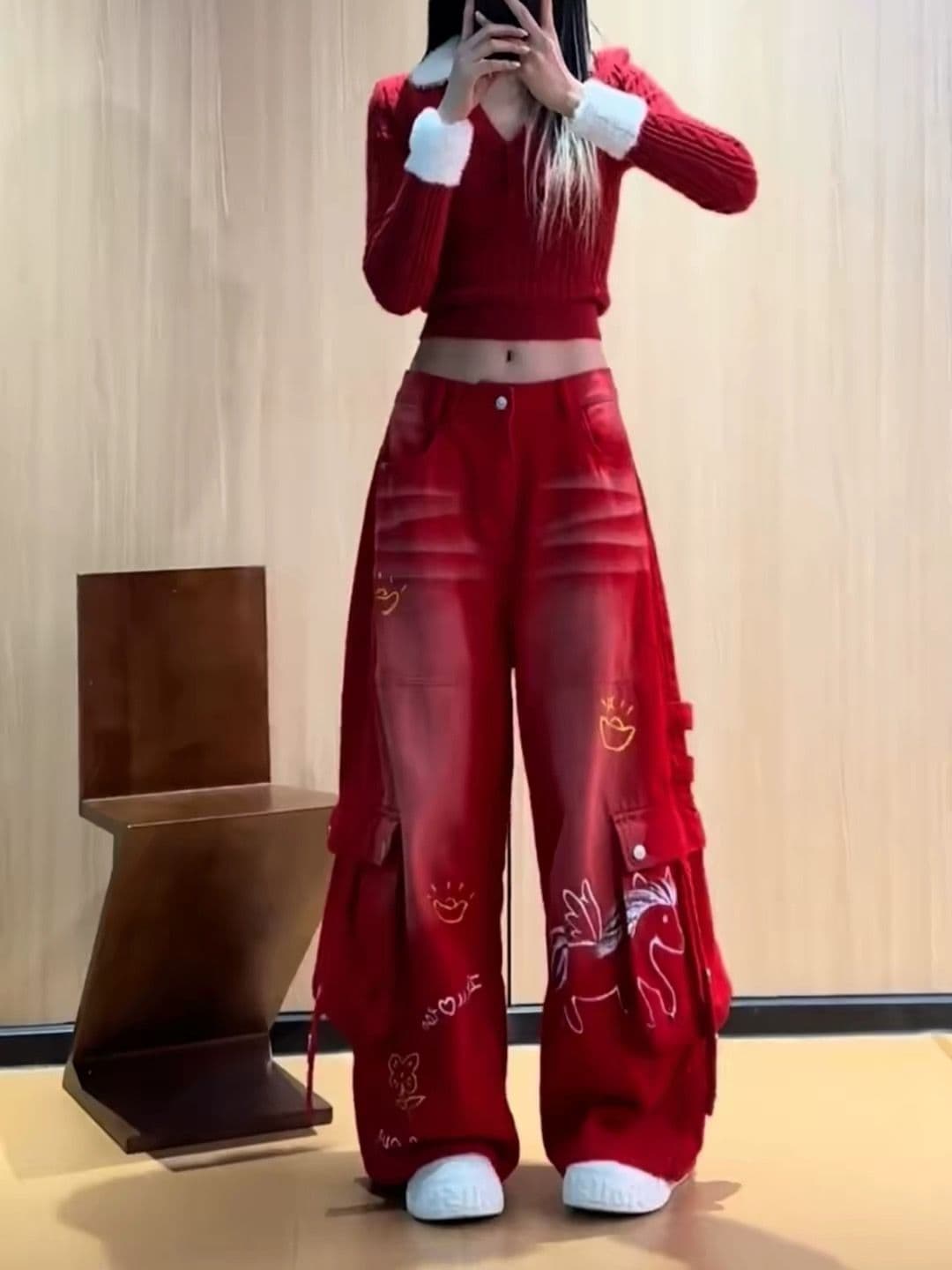 아메리칸 레트로 재미있는 프린트 기타 주머니 워크웨어 청바지 여성 여름 거리 바람 스트레이트 루즈핏 와이드 레그 팬츠 트렌디 상세 이미지 3