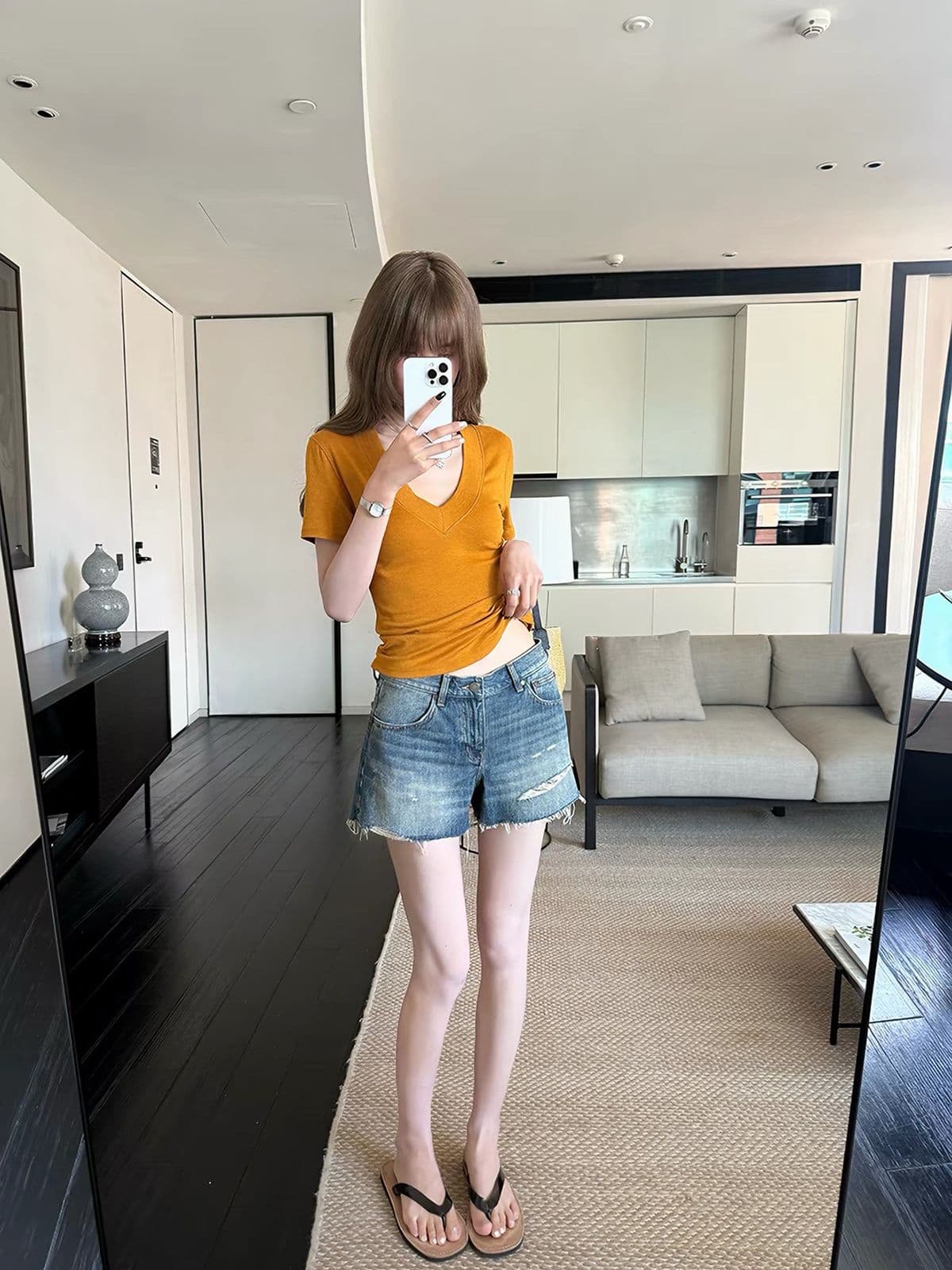 워싱 레트로 마 오래된 블루스 데님 반바지 여성 여름 새로운 세련된 스트레이트 바지 상세 이미지 2