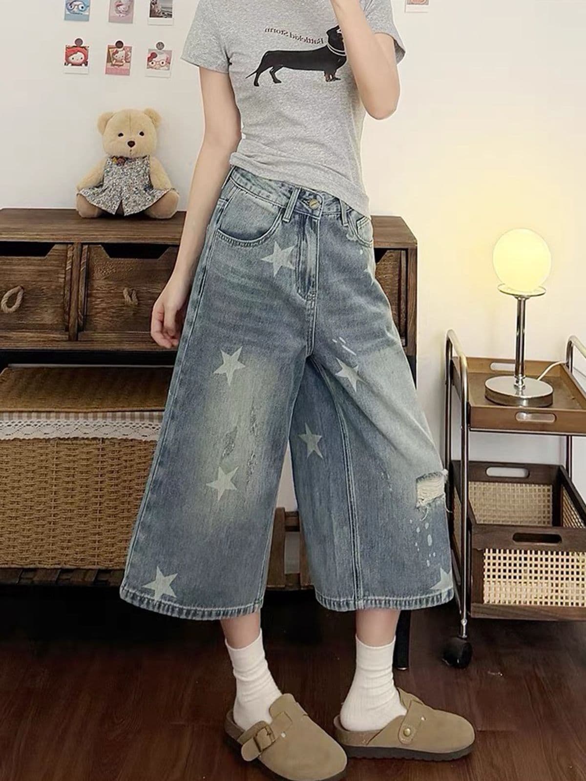 레트로 디자인 마 오래된 별 프린트 데님 반바지 여성 여름 새로운 루즈핏 캐주얼 7부 바지 상세 이미지 3