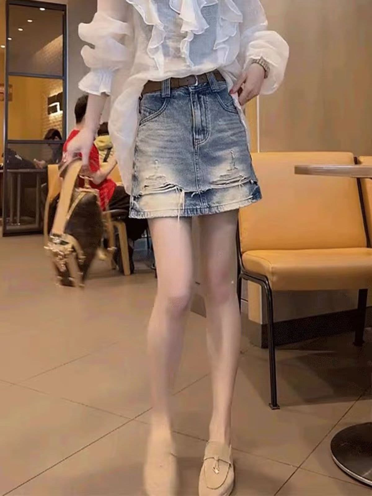 아메리칸 레트로 슈퍼 잘 생긴 찢어진 부분 데님 반신 스커트 여성 2026 여름 새로운 마 오래된 한 마디 작은 키 미니 스커트 상세 이미지 1