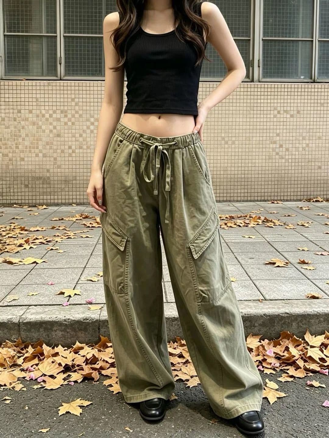 군용 녹색 아메리칸 워크웨어 바람 주름 센스 스트레이트 캐주얼 바지 2026 여름 루즈핏 펌프 로프 하이웨이스트 넓은 다리 길이 바지 이미지 4