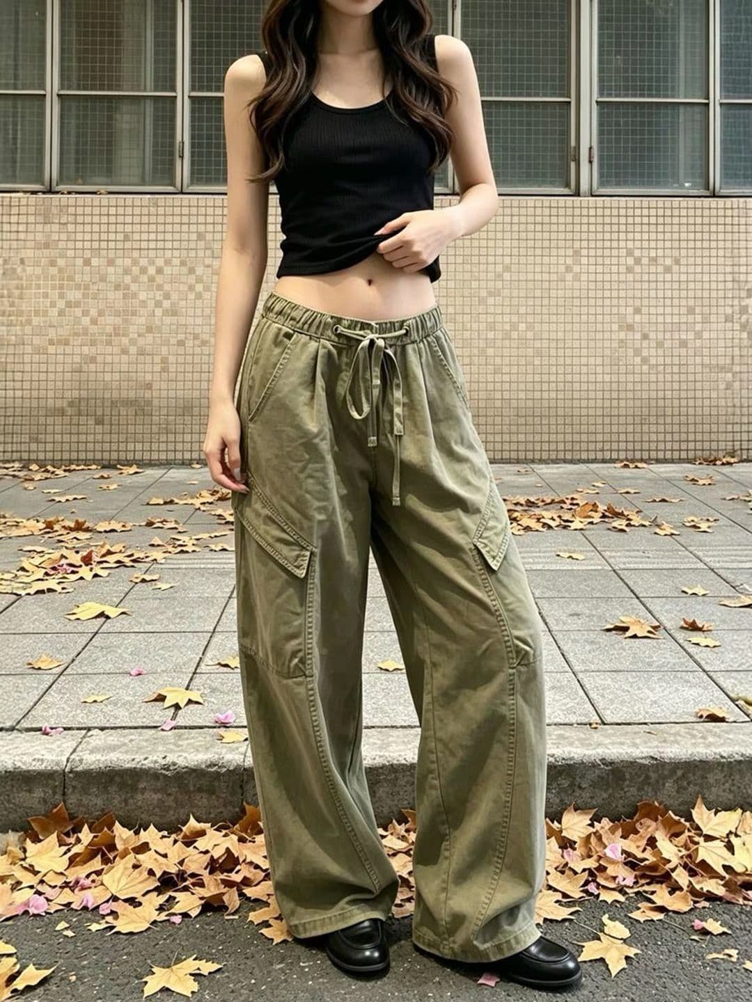 군용 녹색 아메리칸 워크웨어 바람 주름 센스 스트레이트 캐주얼 바지 2026 여름 루즈핏 펌프 로프 하이웨이스트 넓은 다리 길이 바지 이미지 3