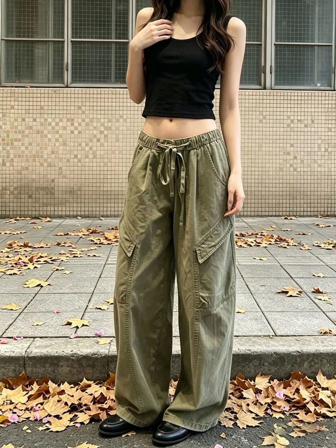 군용 녹색 아메리칸 워크웨어 바람 주름 센스 스트레이트 캐주얼 바지 2026 여름 루즈핏 펌프 로프 하이웨이스트 넓은 다리 길이 바지 이미지 2