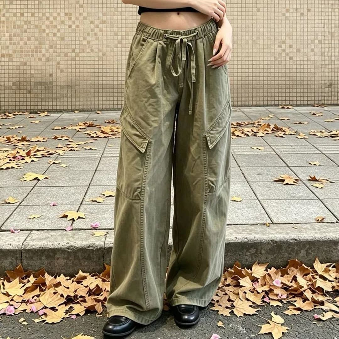 군용 녹색 아메리칸 워크웨어 바람 주름 센스 스트레이트 캐주얼 바지 2026 여름 루즈핏 펌프 로프 하이웨이스트 넓은 다리 길이 바지 이미지 5