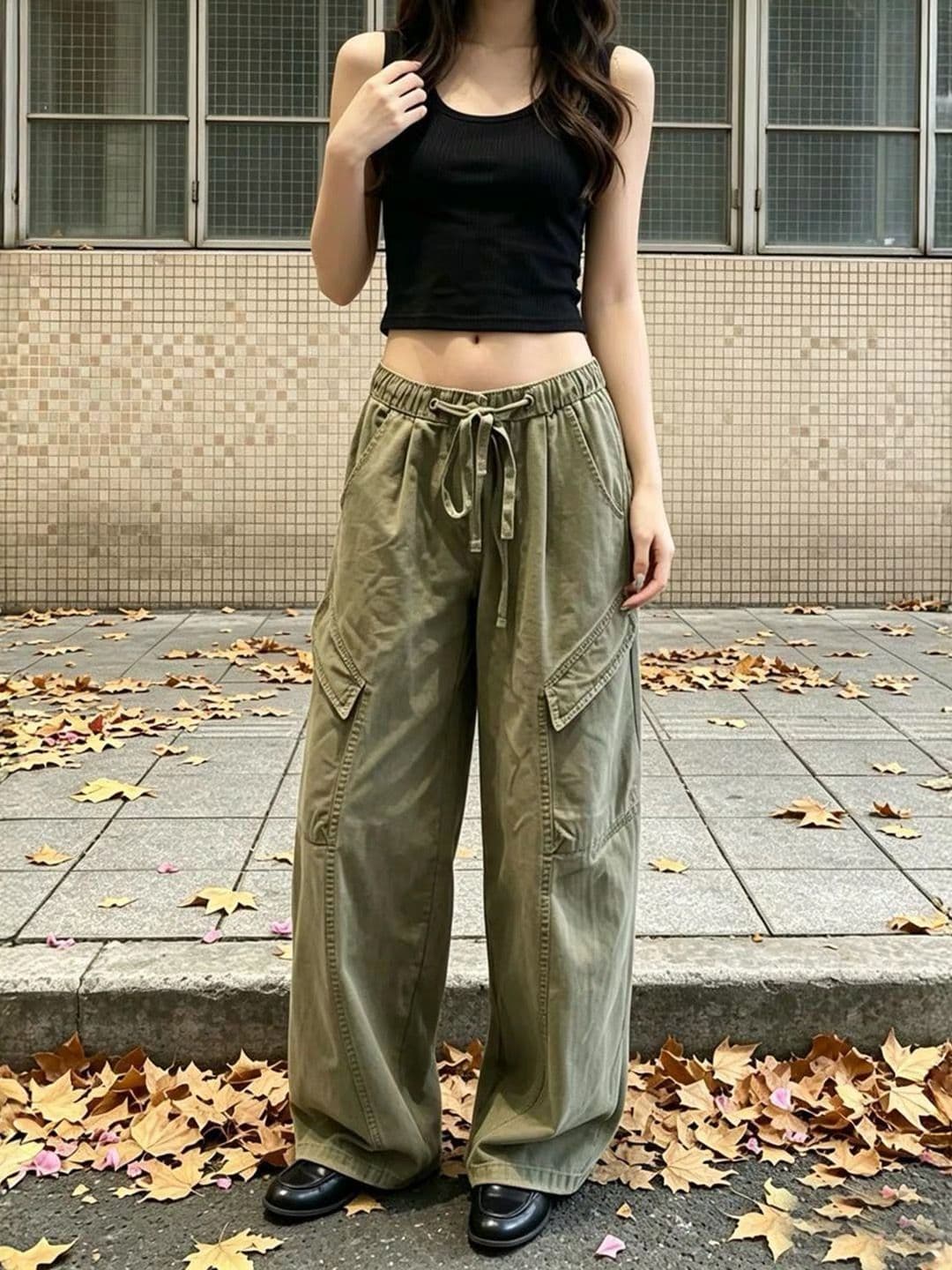 군용 녹색 아메리칸 워크웨어 바람 주름 센스 스트레이트 캐주얼 바지 2026 여름 루즈핏 펌프 로프 하이웨이스트 넓은 다리 길이 바지 상세 이미지 3