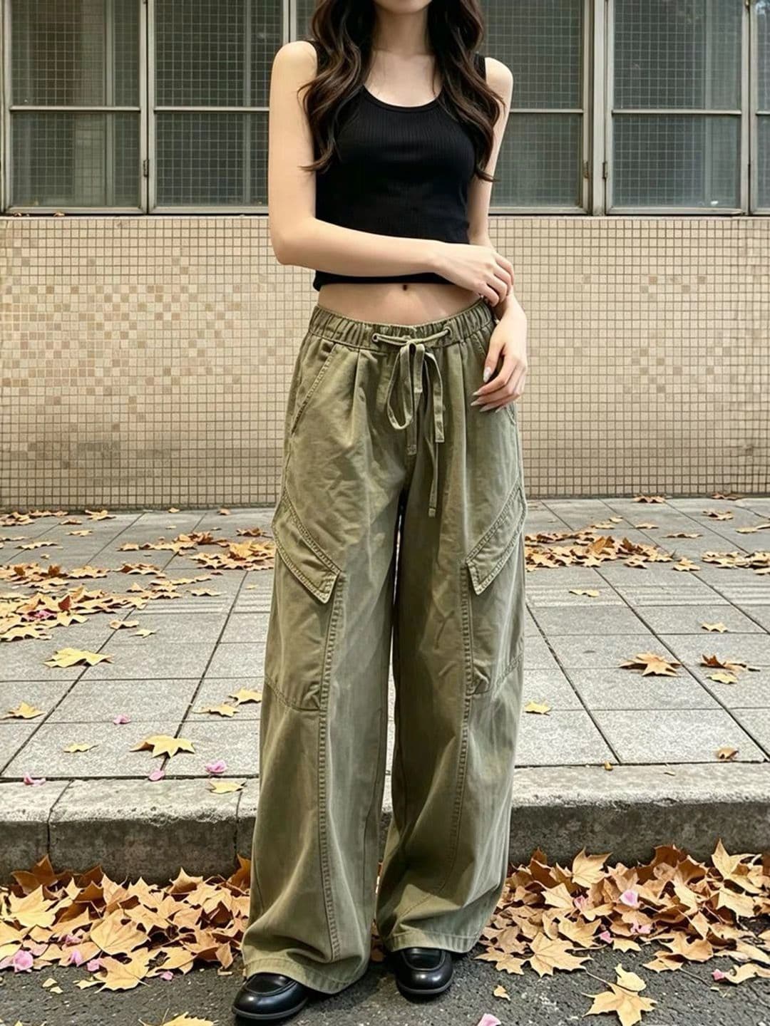 군용 녹색 아메리칸 워크웨어 바람 주름 센스 스트레이트 캐주얼 바지 2026 여름 루즈핏 펌프 로프 하이웨이스트 넓은 다리 길이 바지 상세 이미지 5
